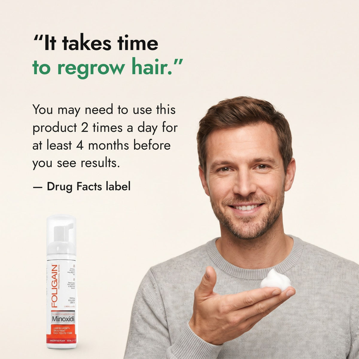 It takes time to regrow hair. — Drug Facts label