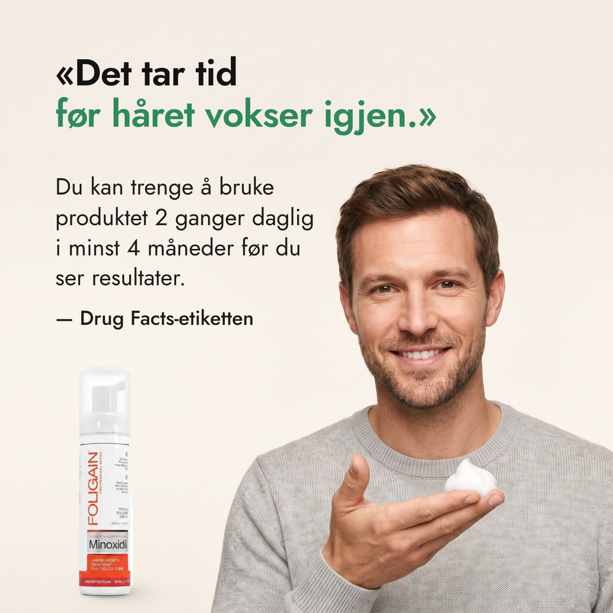 Det tar tid før håret vokser igjen. — Drug Facts-etiketten