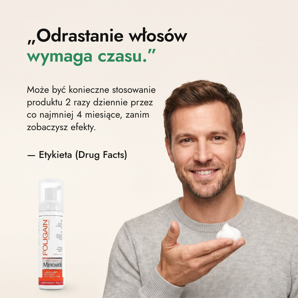 Odrastanie włosów wymaga czasu. — Etykieta (Drug Facts)