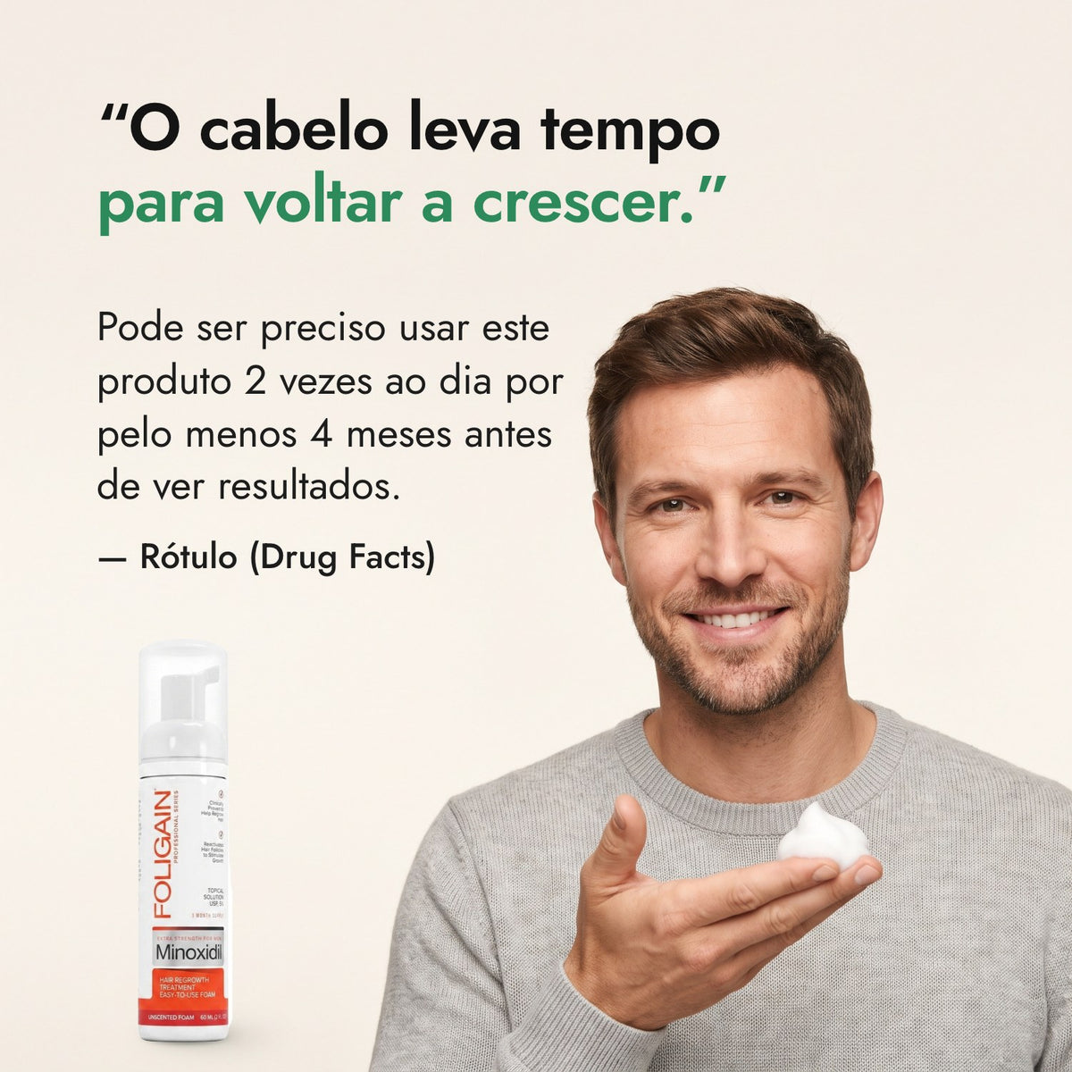 O cabelo leva tempo para voltar a crescer. — Rótulo (Drug Facts)