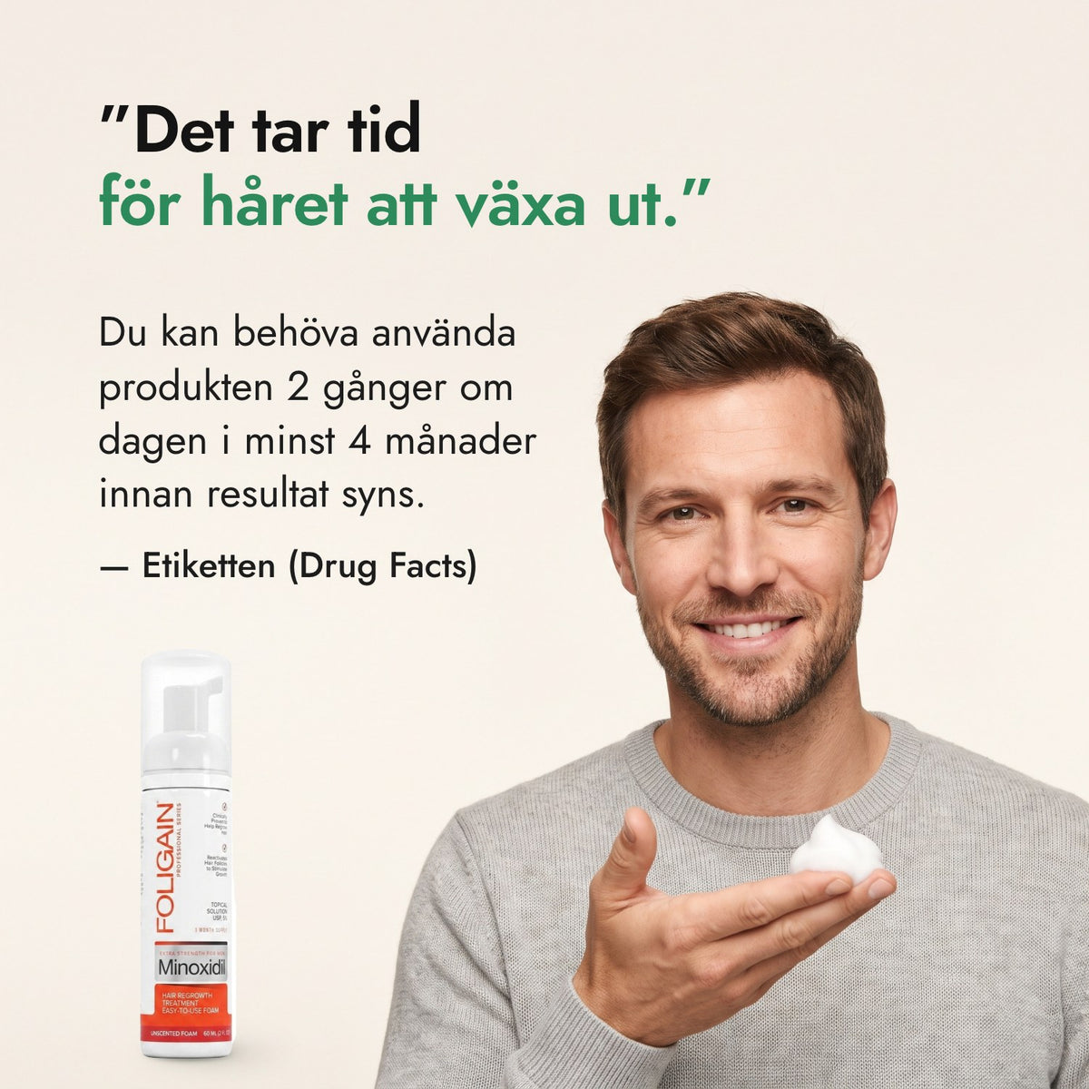 Det tar tid för håret att växa ut. — Etiketten (Drug Facts)