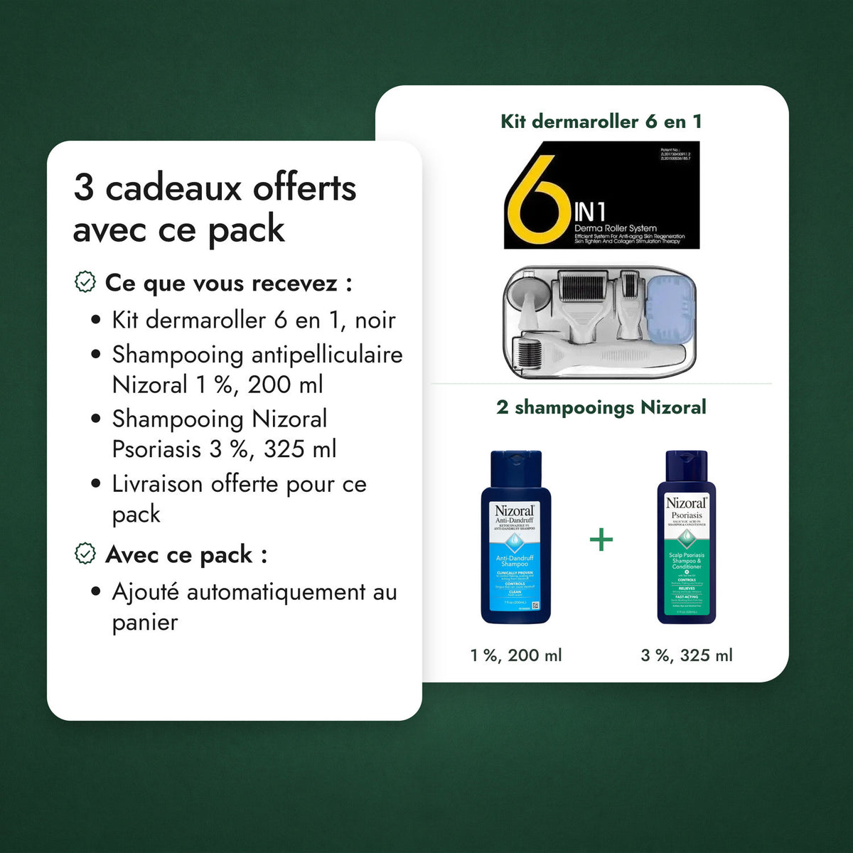 2 cadeaux offerts avec ce pack: Kit dermaroller 6 en 1, 2 shampooings Nizoral