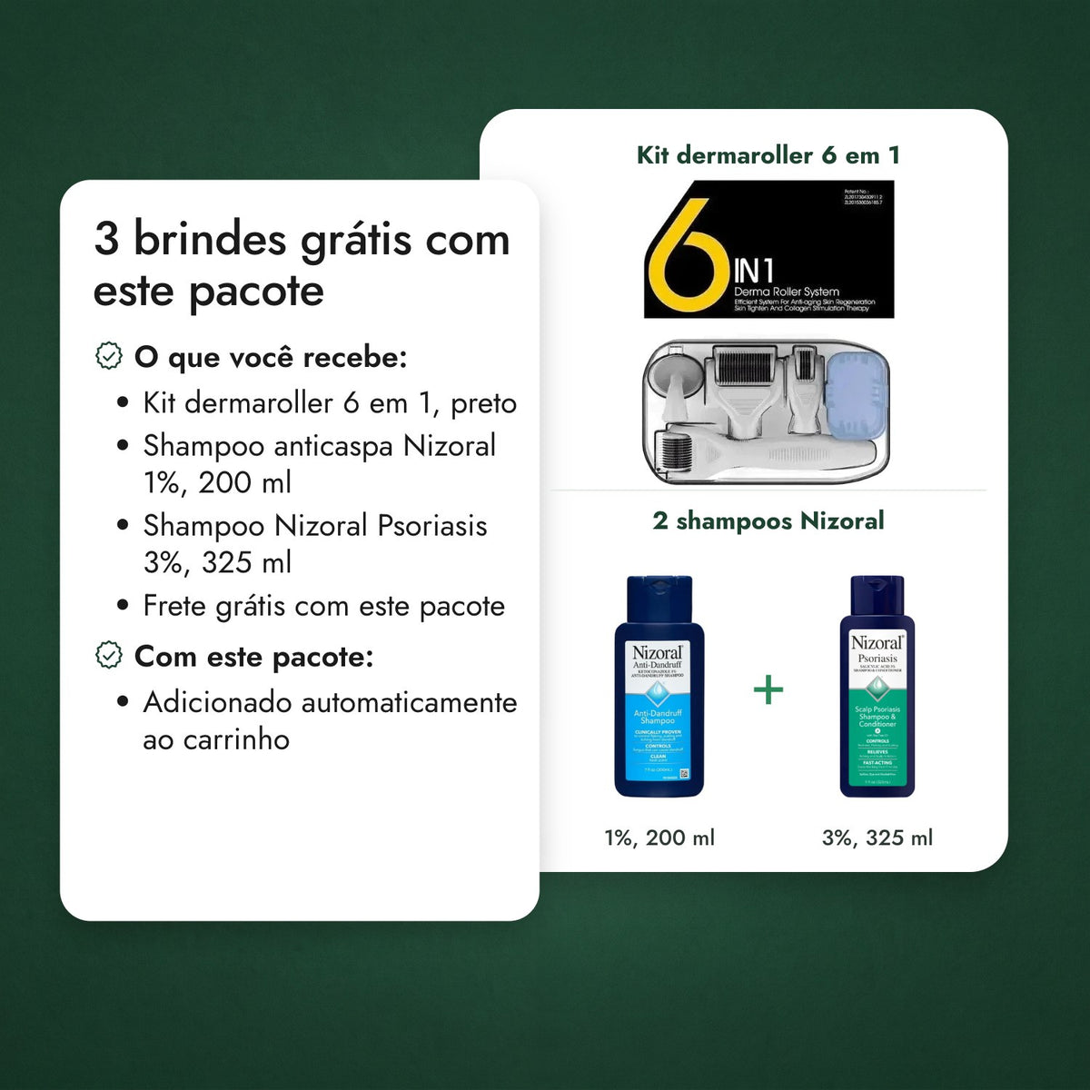 2 brindes grátis com este pacote: Kit dermaroller 6 em 1, 2 shampoos Nizoral