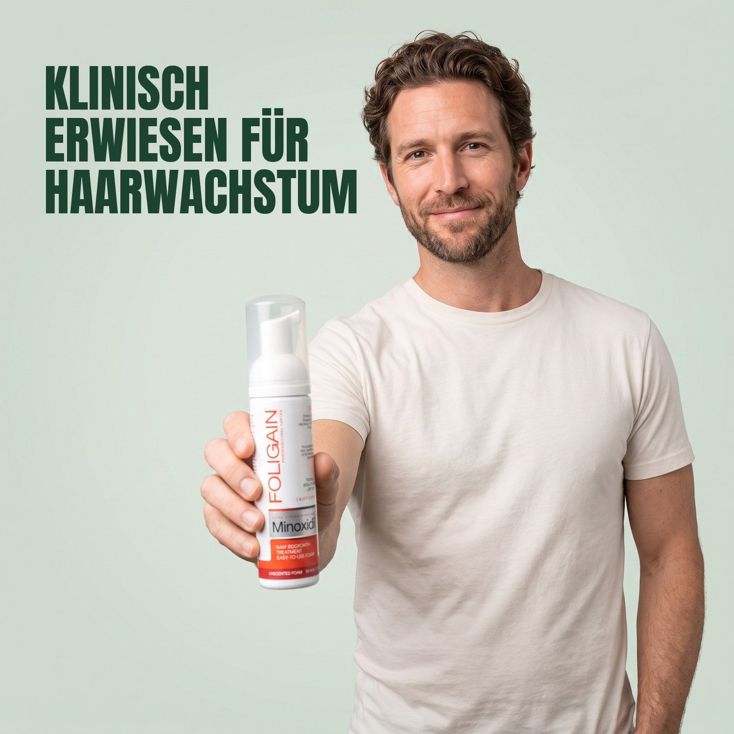 Man holding Foligain Minoxidil 5% foam for men against a green background
