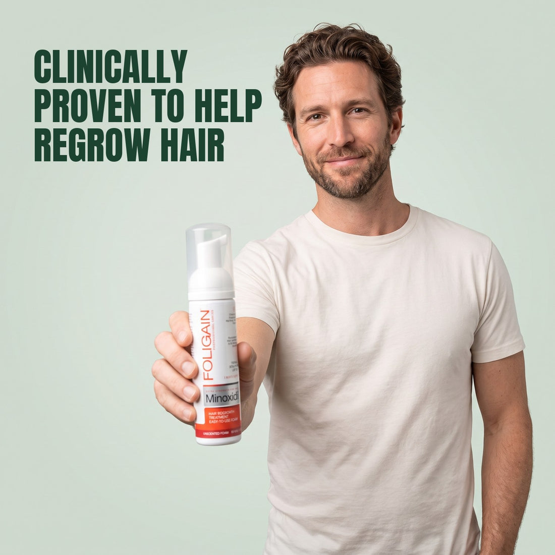 Man holding Foligain Minoxidil 5% foam for men against a green background