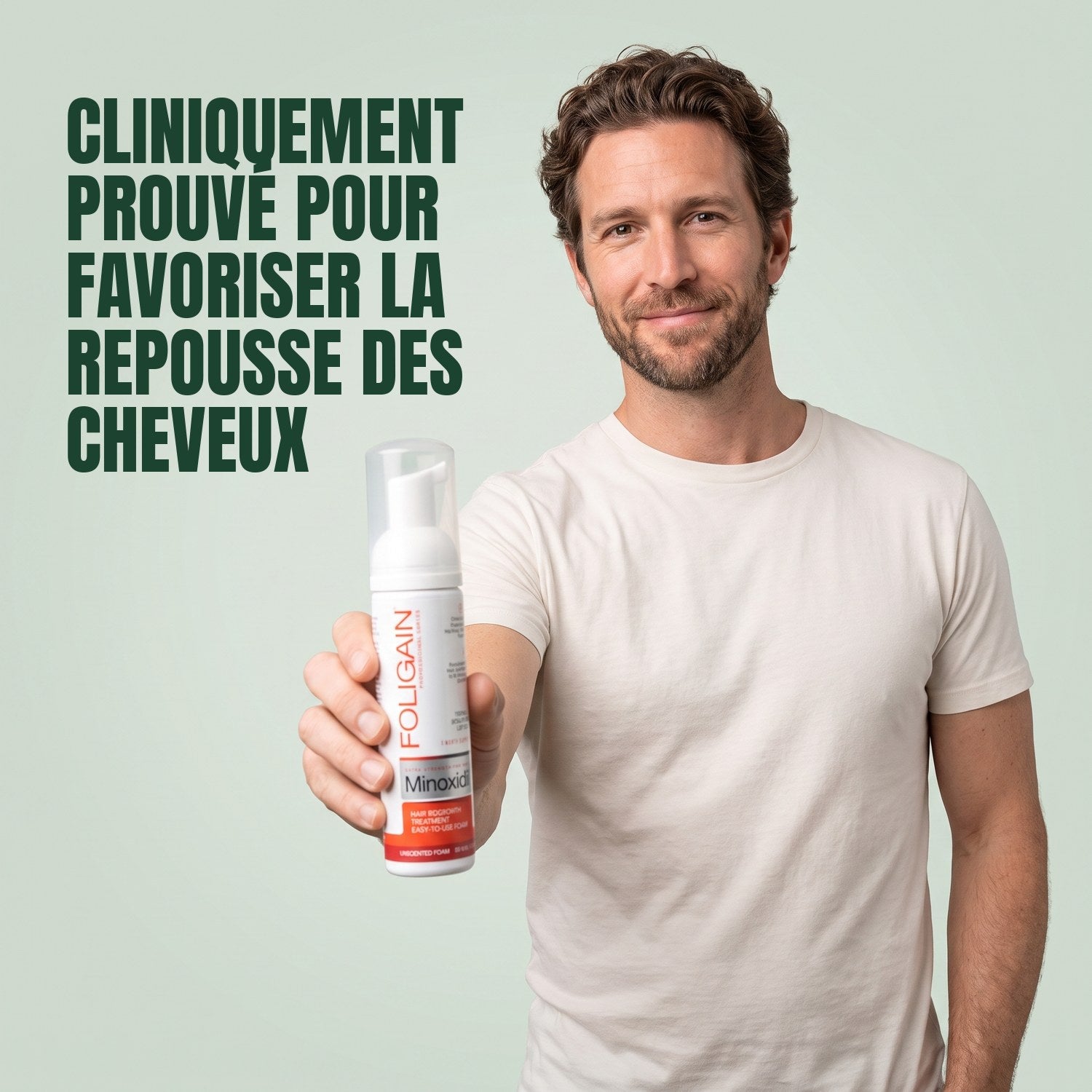 Man holding Foligain Minoxidil 5% foam for men against a green background