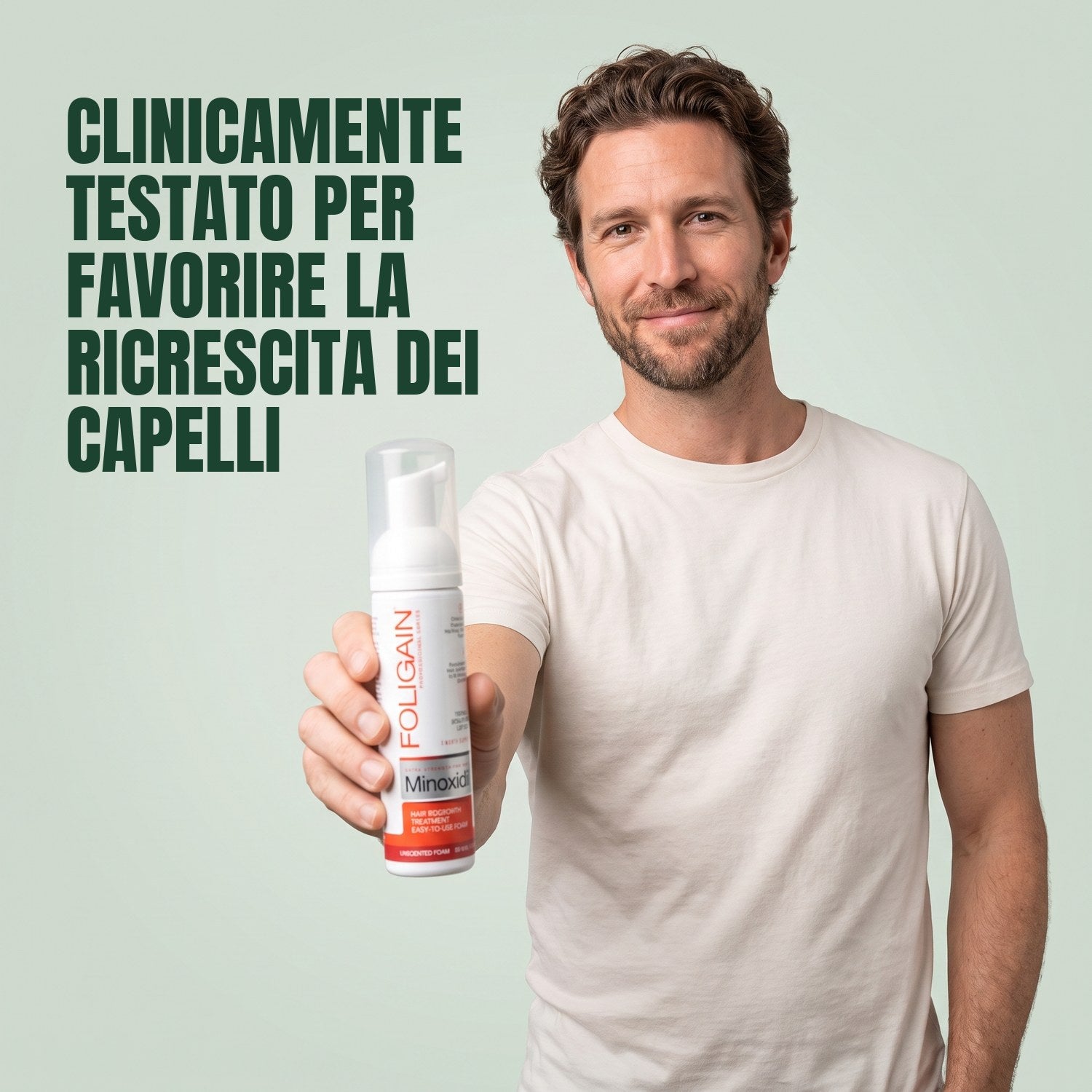 Man holding Foligain Minoxidil 5% foam for men against a green background