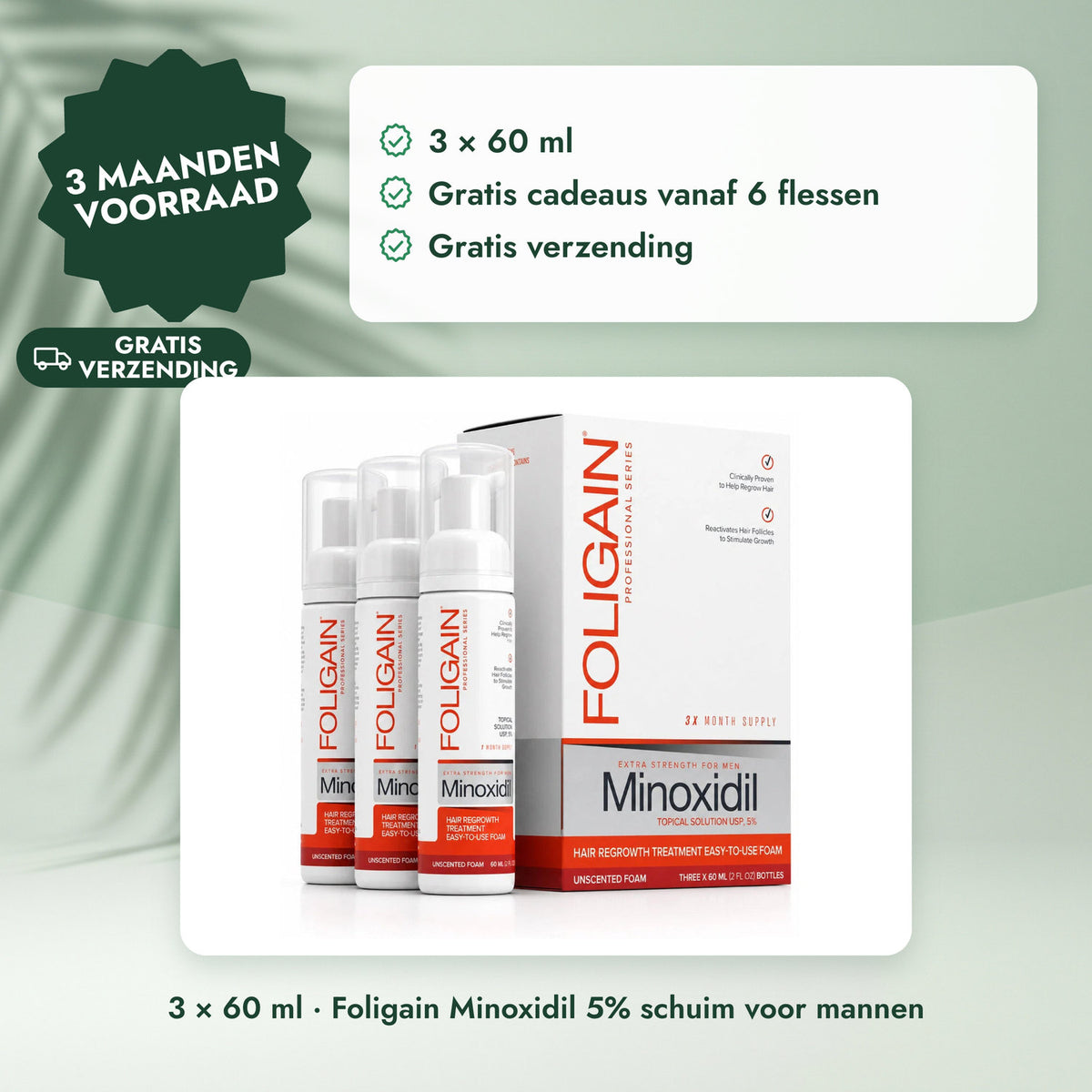 3 × 60 ml · Foligain Minoxidil 5% schuim voor mannen: 3 maanden voorraad