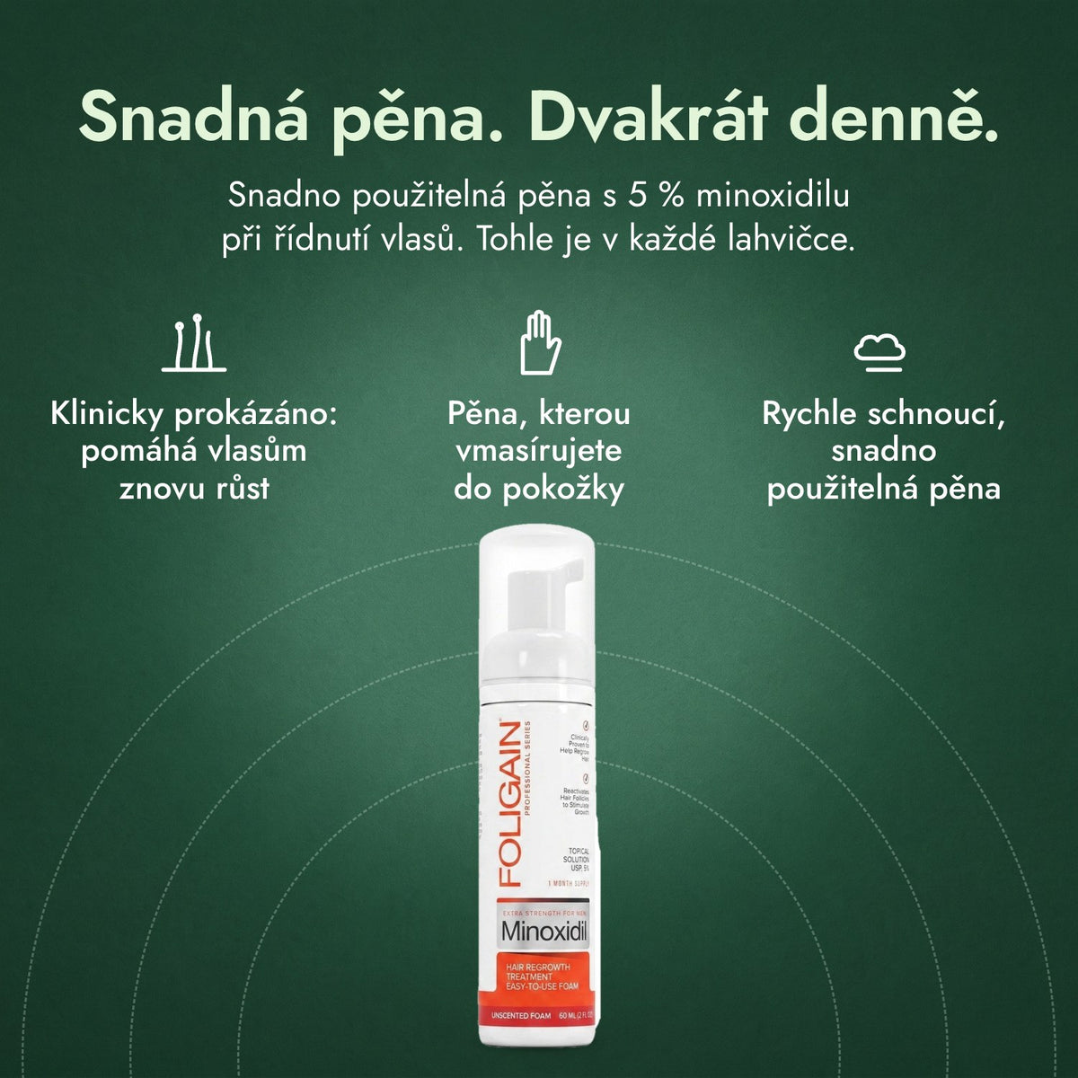 Foligain Minoxidil 5 % pěna pro muže: Snadná pěna. Dvakrát denně. Klinicky prokázáno: pomáhá vlasům znovu růst, Pěna, kterou vmasírujete do pokožky, Rychle schnoucí, snadno použitelná pěna