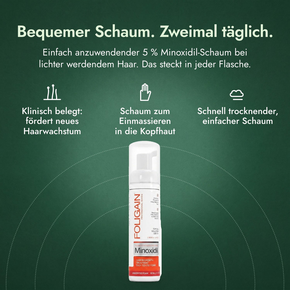 Foligain Minoxidil 5 % Schaum für Männer: Bequemer Schaum. Zweimal täglich. Klinisch belegt: fördert neues Haarwachstum, Schaum zum Einmassieren in die Kopfhaut, Schnell trocknender, einfacher Schaum