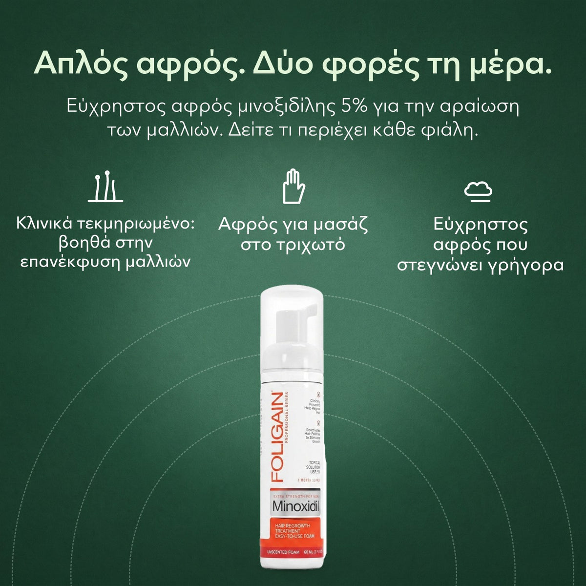 Foligain αφρός μινοξιδίλης 5% για άνδρες: Απλός αφρός. Δύο φορές τη μέρα. Κλινικά τεκμηριωμένο: βοηθά στην επανέκφυση μαλλιών, Αφρός για μασάζ στο τριχωτό, Εύχρηστος αφρός που στεγνώνει γρήγορα