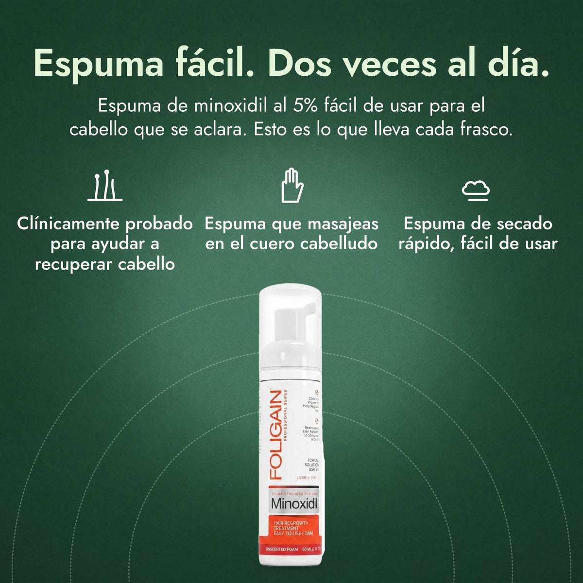 Foligain Minoxidil 5% Espuma para Hombres: Espuma fácil. Dos veces al día. Clínicamente probado para ayudar a recuperar cabello, Espuma que masajeas en el cuero cabelludo, Espuma de secado rápido, fácil de usar
