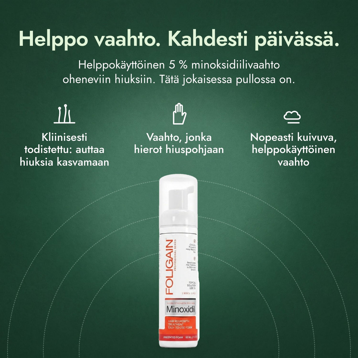 Foligain minoksidiili 5 % vaahto miehille: Helppo vaahto. Kahdesti päivässä. Kliinisesti todistettu: auttaa hiuksia kasvamaan, Vaahto, jonka hierot hiuspohjaan, Nopeasti kuivuva, helppokäyttöinen vaahto