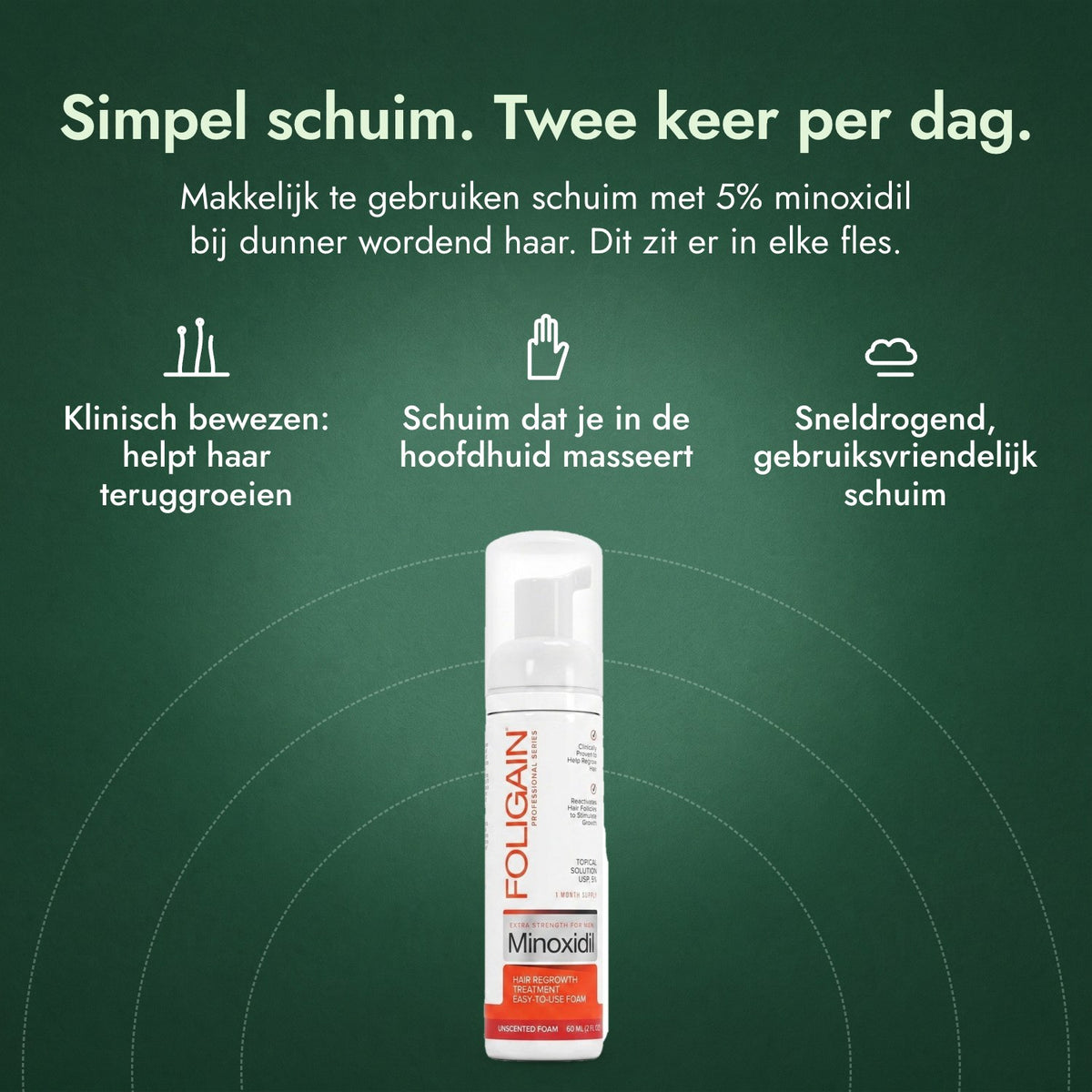Foligain Minoxidil 5% schuim voor mannen: Simpel schuim. Twee keer per dag. Klinisch bewezen: helpt haar teruggroeien, Schuim dat je in de hoofdhuid masseert, Sneldrogend, gebruiksvriendelijk schuim