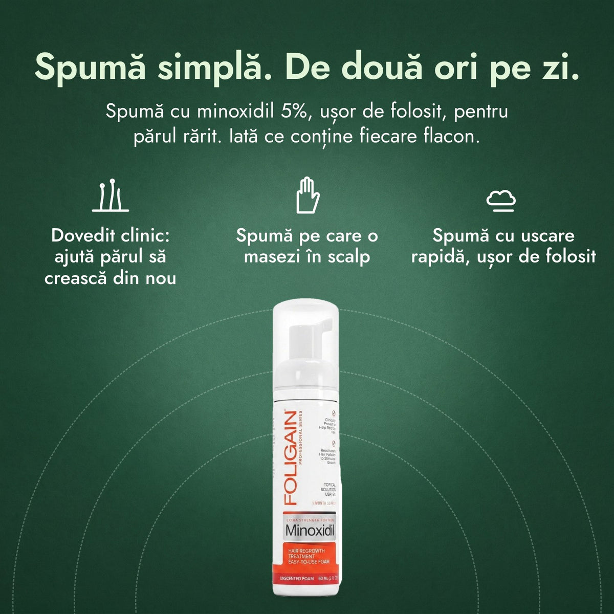 Foligain spumă cu minoxidil 5% pentru bărbați: Spumă simplă. De două ori pe zi. Dovedit clinic: ajută părul să crească din nou, Spumă pe care o masezi în scalp, Spumă cu uscare rapidă, ușor de folosit