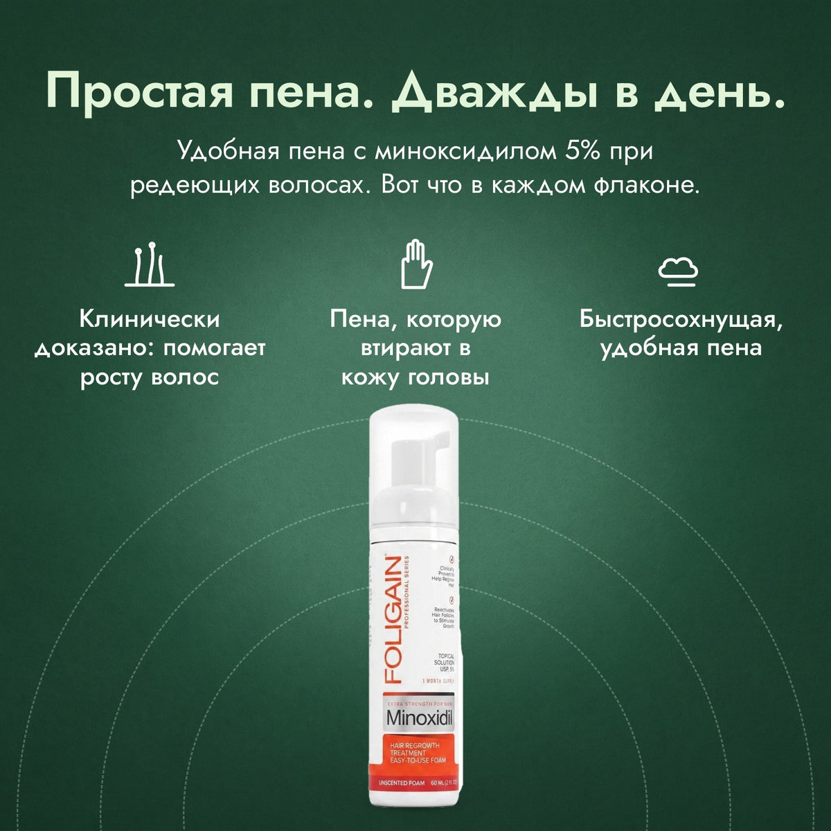 Foligain, пена миноксидил 5% для мужчин: Простая пена. Дважды в день. Клинически доказано: помогает росту волос, Пена, которую втирают в кожу головы, Быстросохнущая, удобная пена
