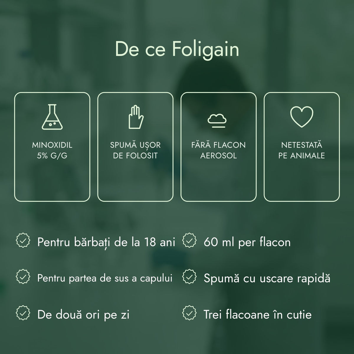 De ce Foligain: Minoxidil 5% g/g, Spumă ușor de folosit, Fără flacon aerosol, Netestată pe animale