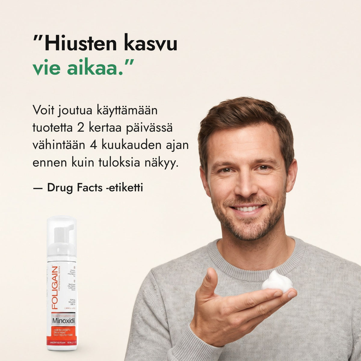 Hiusten kasvu vie aikaa. — Drug Facts -etiketti