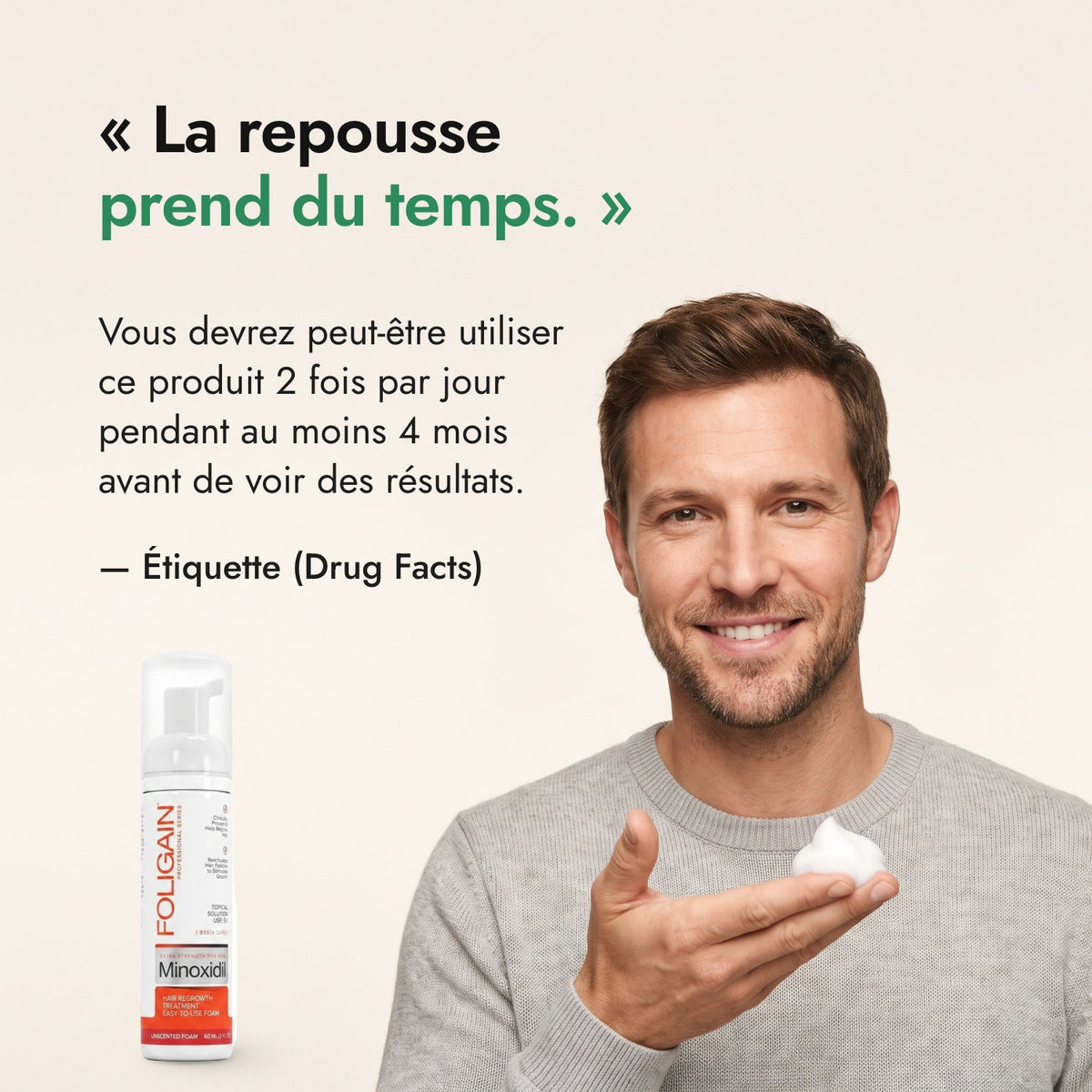 La repousse prend du temps. — Étiquette (Drug Facts)