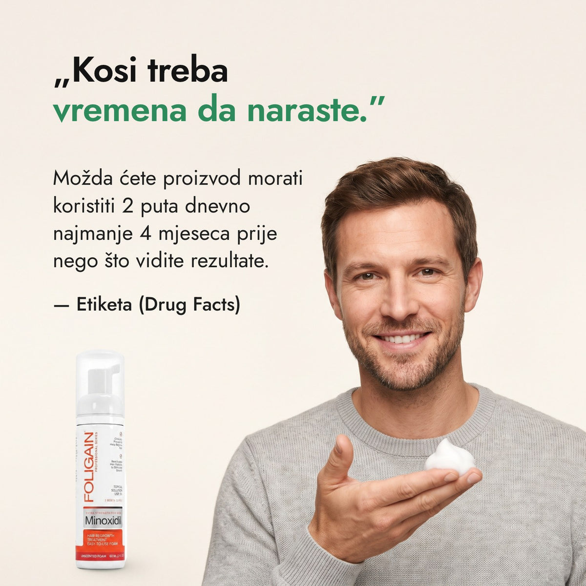 Kosi treba vremena da naraste. — Etiketa (Drug Facts)