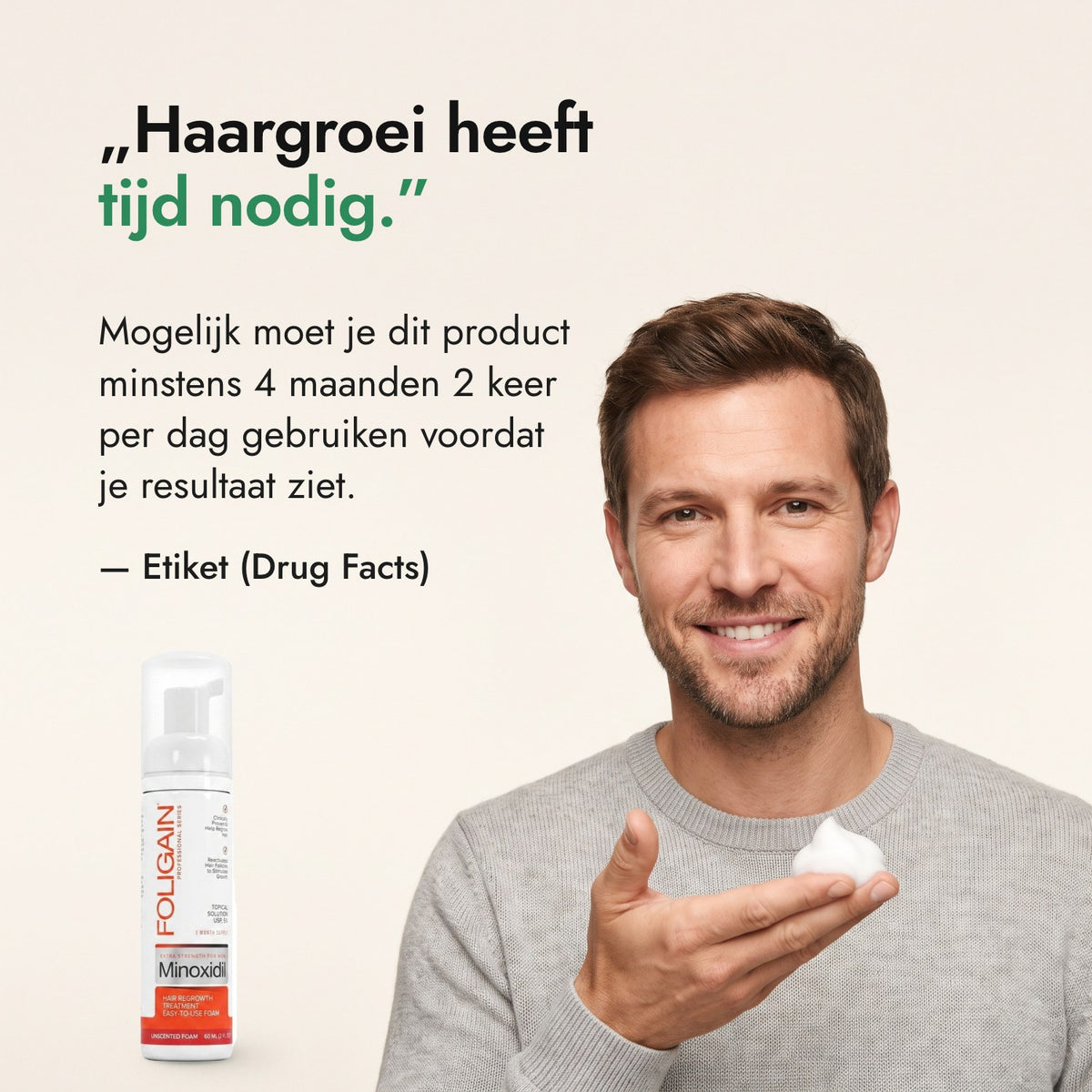 Haargroei heeft tijd nodig. — Etiket (Drug Facts)