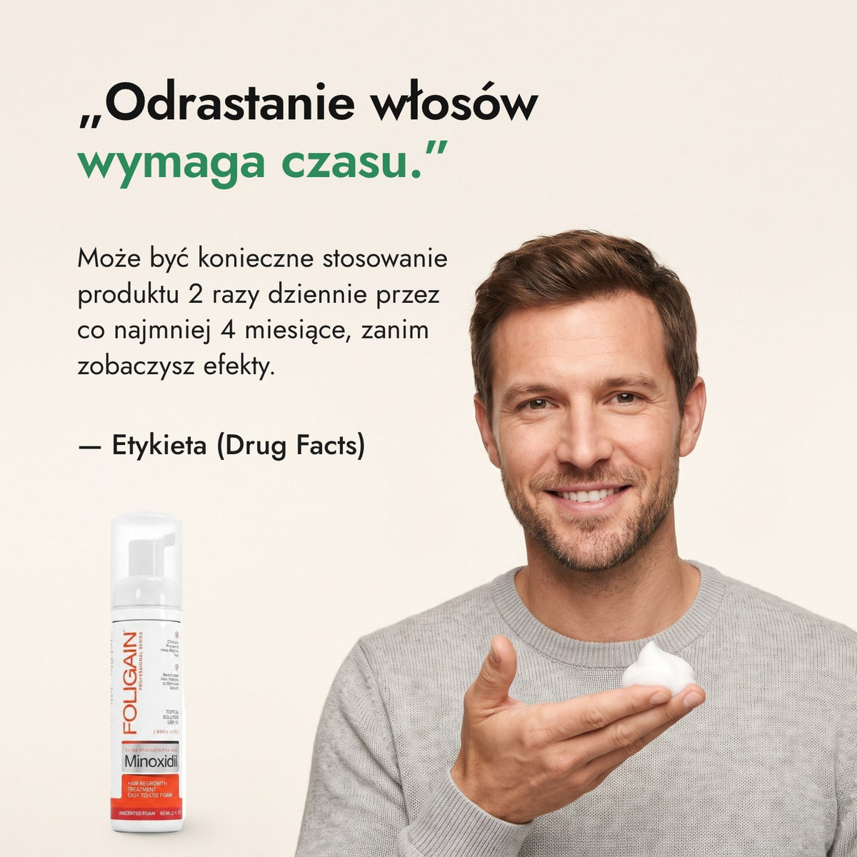 Odrastanie włosów wymaga czasu. — Etykieta (Drug Facts)