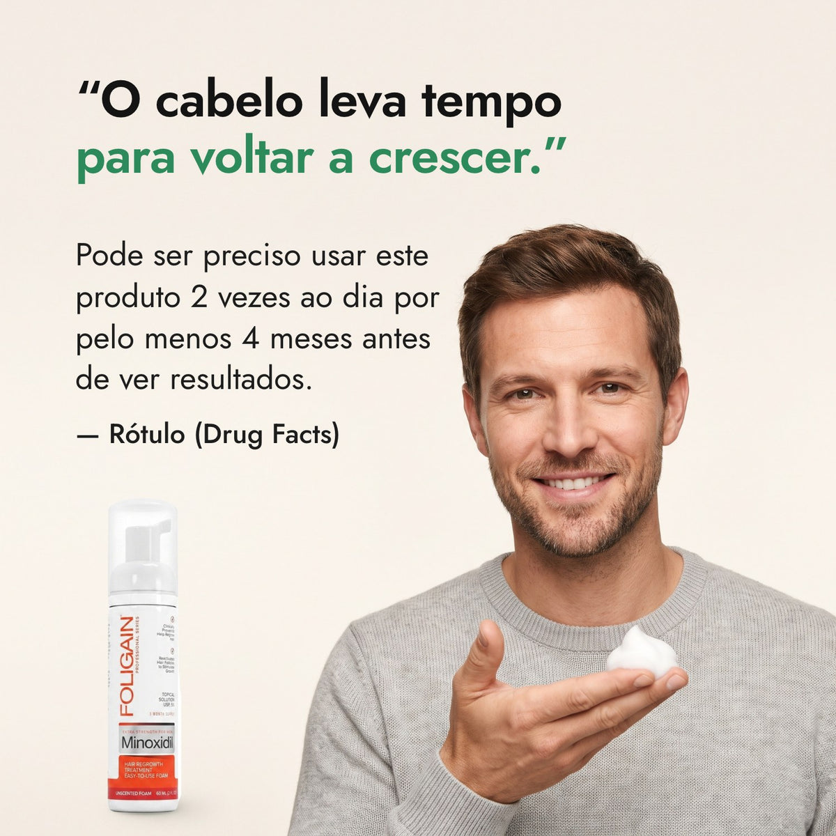 O cabelo leva tempo para voltar a crescer. — Rótulo (Drug Facts)
