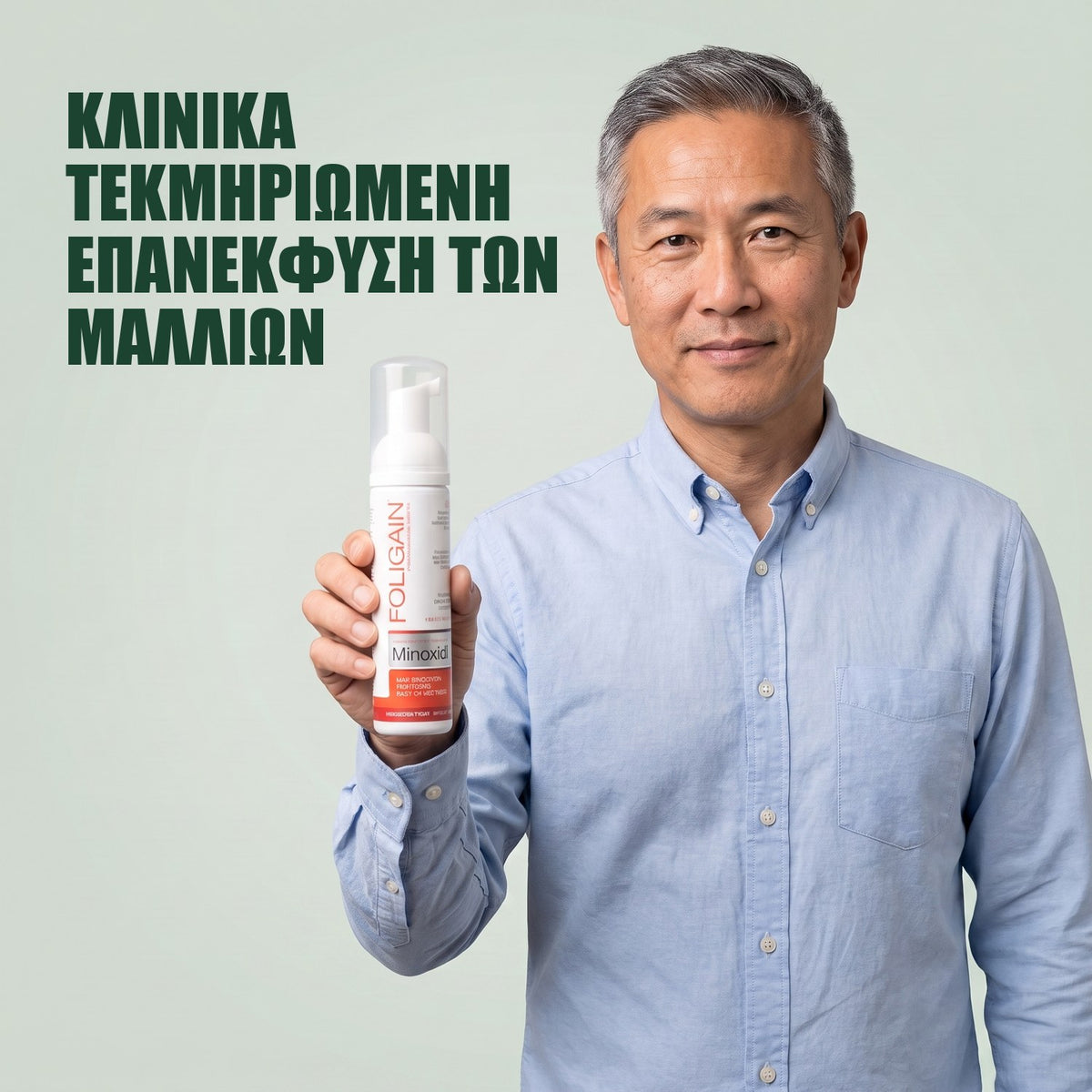 Άντρας κρατά το δοχείο Foligain Minoxidil 5% αφρός για άντρες σε πράσινο φόντο