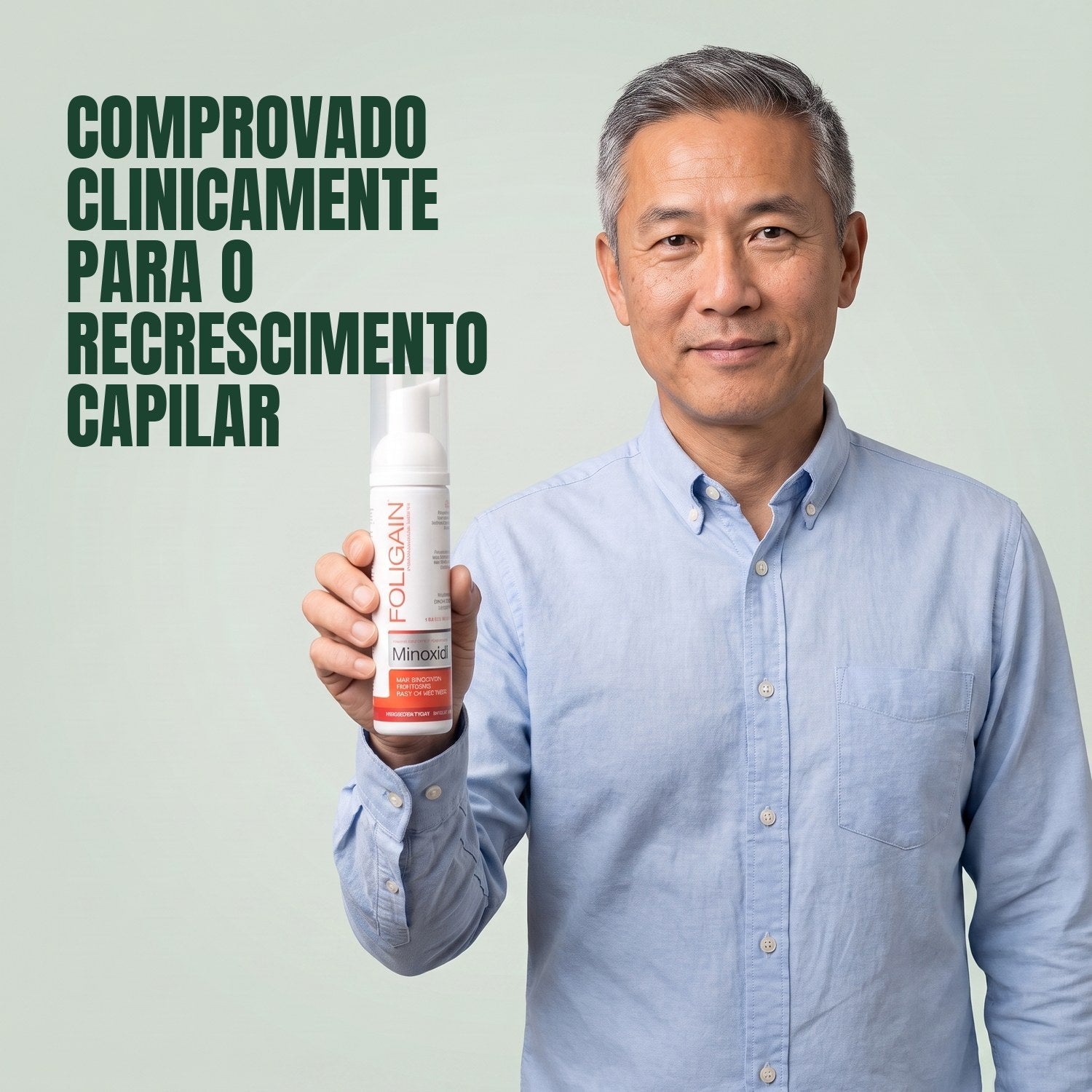 Homem segurando a lata de espuma Foligain Minoxidil 5% para homens em fundo verde