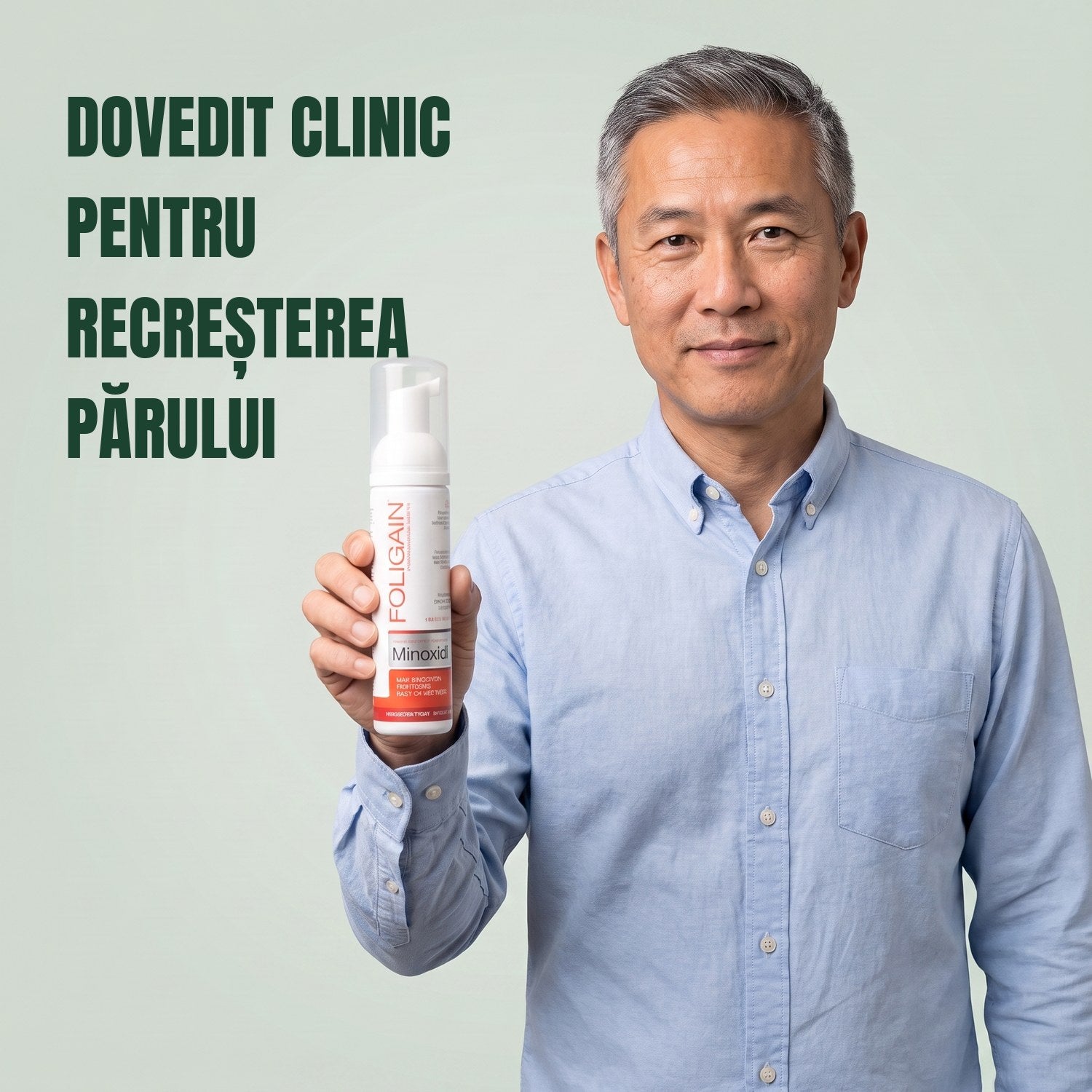 Bărbat ținând în mână cutia de spumă Foligain Minoxidil 5% pentru bărbați, pe fundal verde