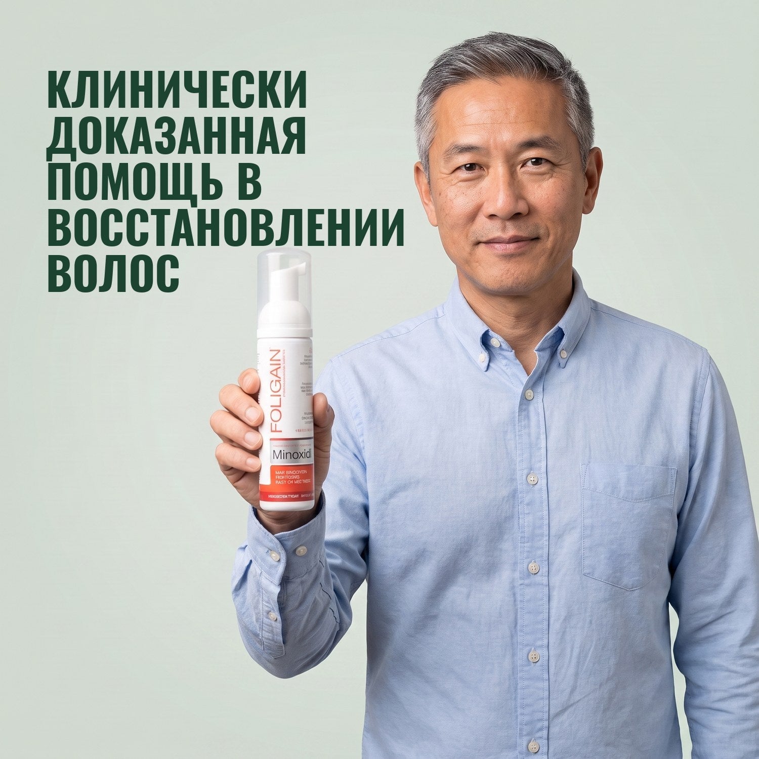 Man holding the Foligain Minoxidil 5% foam can for men against a green background