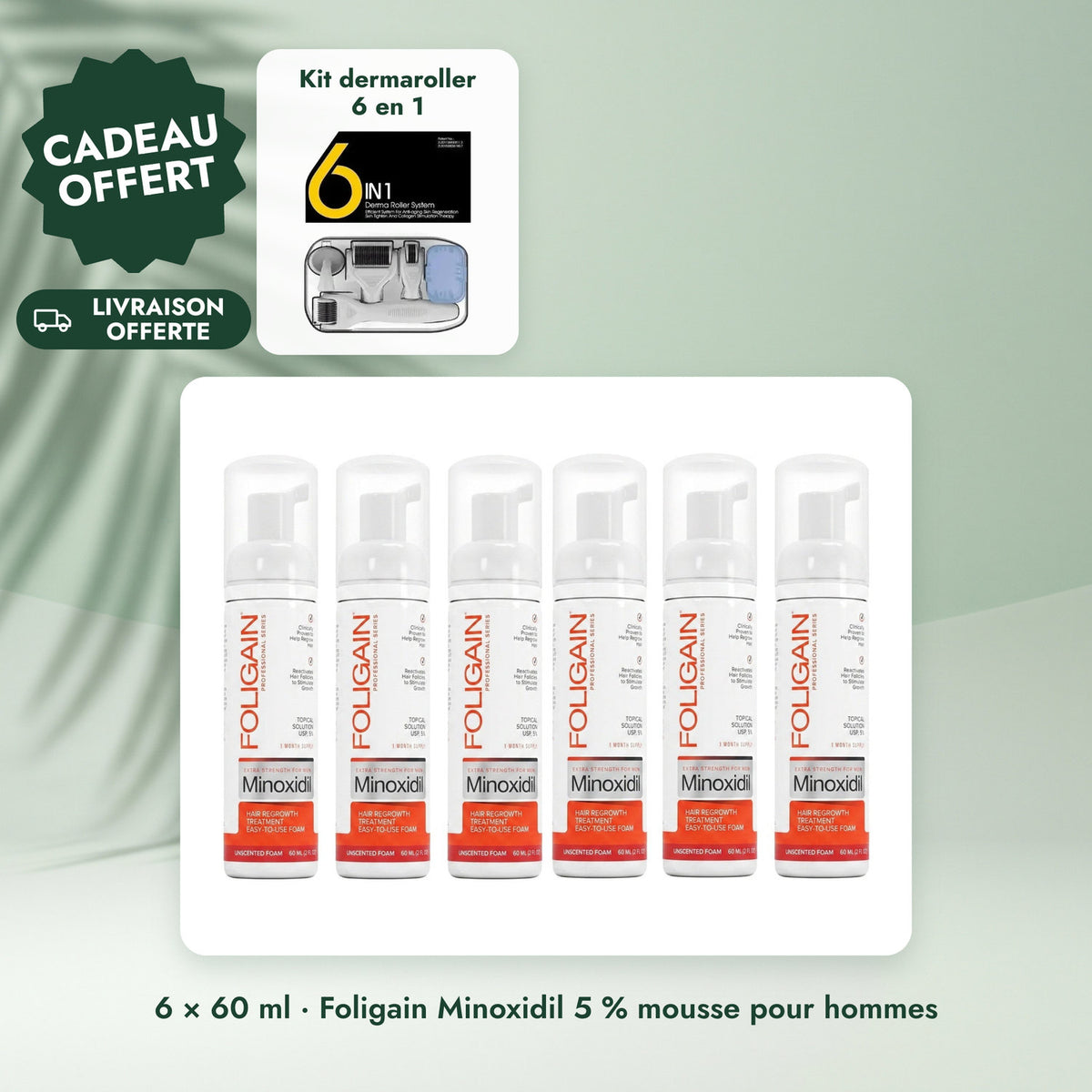 6 × 60 ml · Foligain Minoxidil 5 % mousse pour hommes: Kit dermaroller 6 en 1