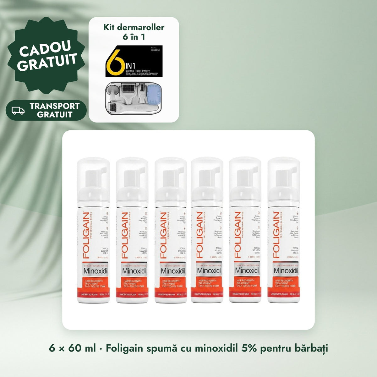 6 × 60 ml · Foligain spumă cu minoxidil 5% pentru bărbați: Kit dermaroller 6 în 1