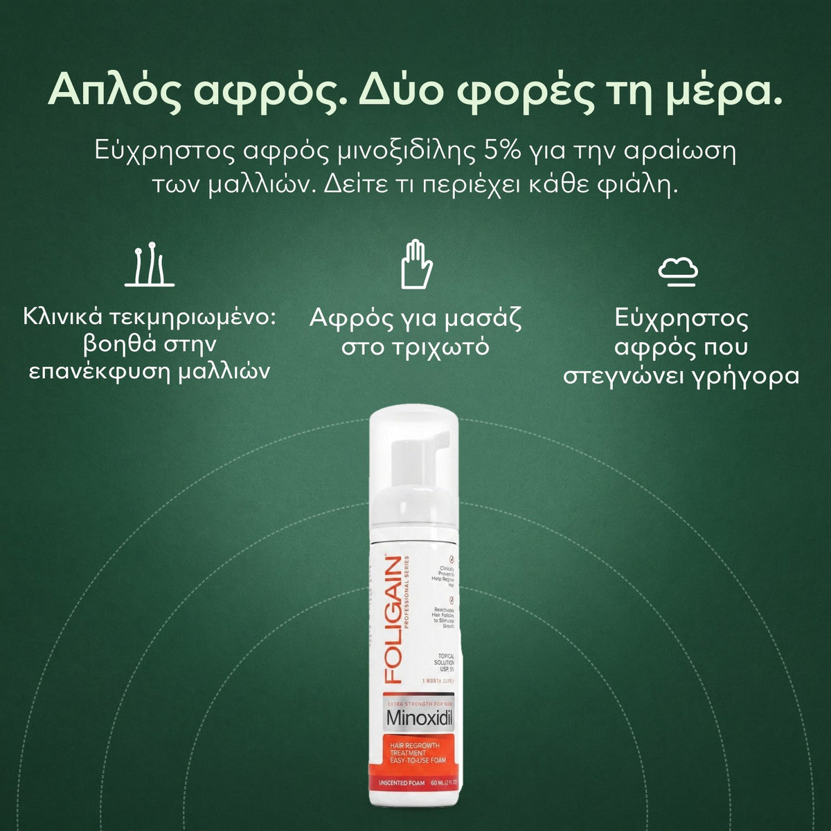 Foligain αφρός μινοξιδίλης 5% για άνδρες: Απλός αφρός. Δύο φορές τη μέρα. Κλινικά τεκμηριωμένο: βοηθά στην επανέκφυση μαλλιών, Αφρός για μασάζ στο τριχωτό, Εύχρηστος αφρός που στεγνώνει γρήγορα