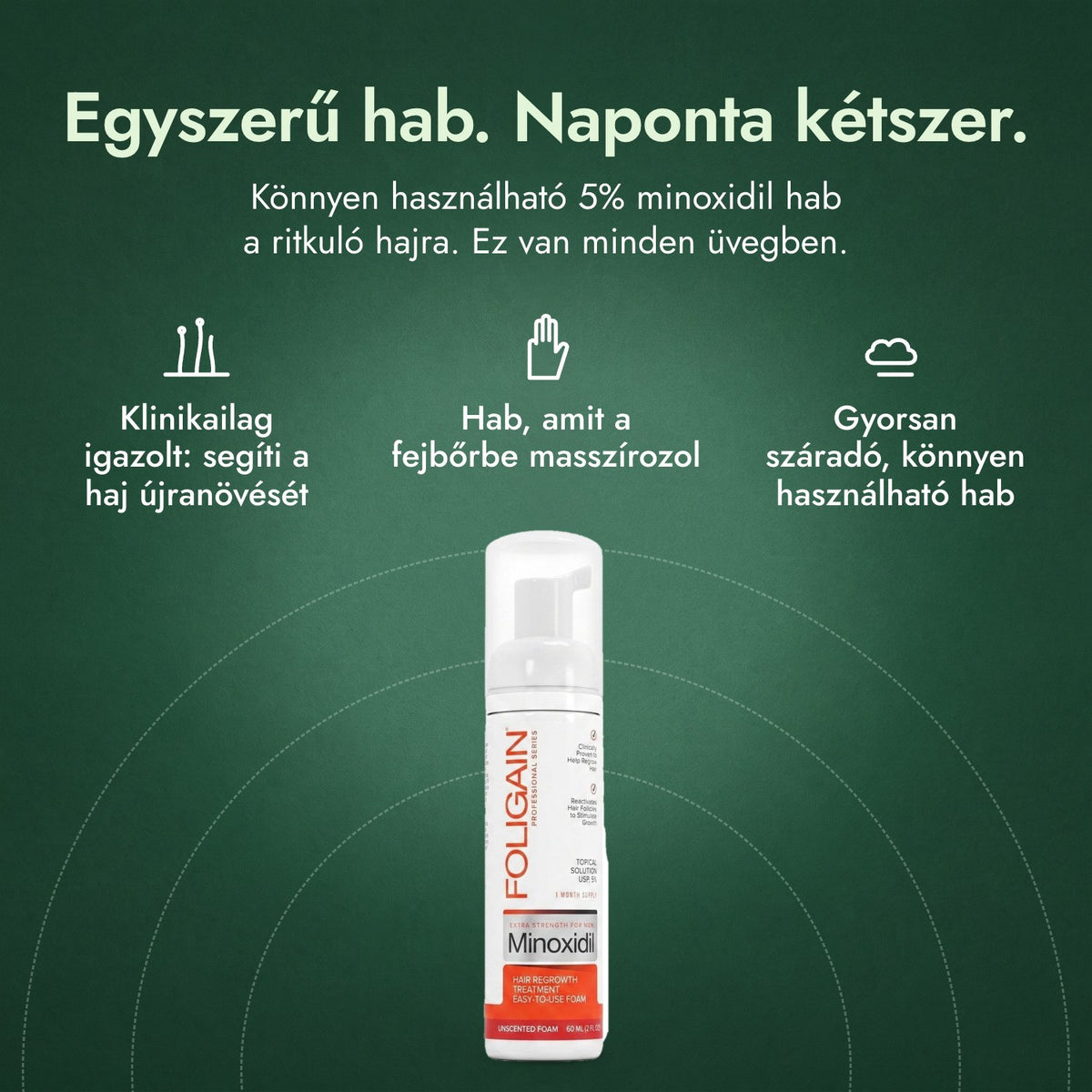 Foligain Minoxidil 5% hab férfiaknak: Egyszerű hab. Naponta kétszer. Klinikailag igazolt: segíti a haj újranövését, Hab, amit a fejbőrbe masszírozol, Gyorsan száradó, könnyen használható hab