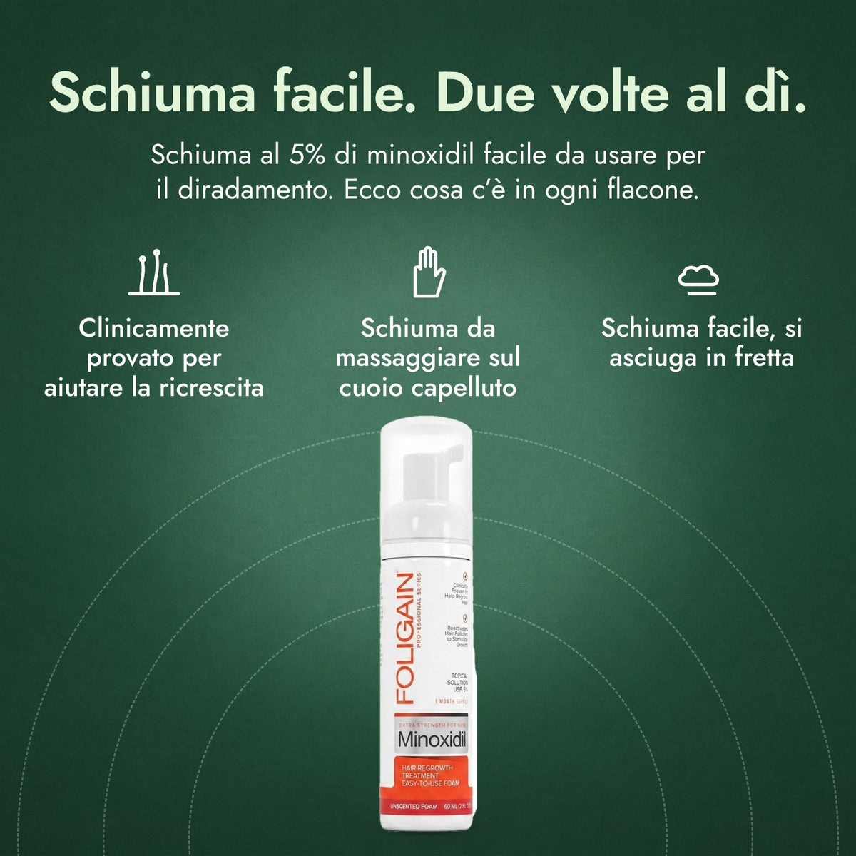 Foligain Minoxidil 5% Schiuma Uomo: Schiuma facile. Due volte al dì. Clinicamente provato per aiutare la ricrescita, Schiuma da massaggiare sul cuoio capelluto, Schiuma facile, si asciuga in fretta