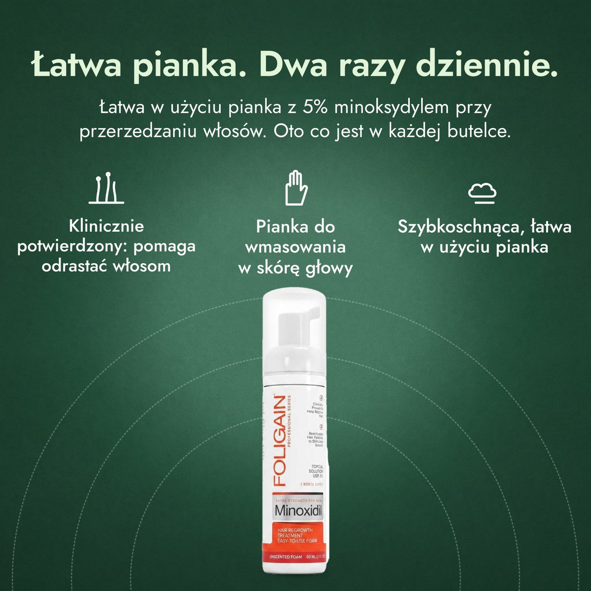 Foligain pianka z minoksydylem 5% dla mężczyzn: Łatwa pianka. Dwa razy dziennie. Klinicznie potwierdzony: pomaga odrastać włosom, Pianka do wmasowania w skórę głowy, Szybkoschnąca, łatwa w użyciu pianka