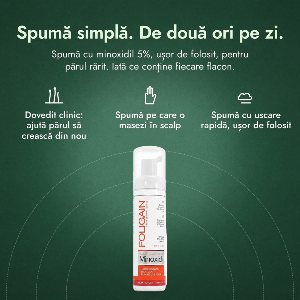 Foligain spumă cu minoxidil 5% pentru bărbați: Spumă simplă. De două ori pe zi. Dovedit clinic: ajută părul să crească din nou, Spumă pe care o masezi în scalp, Spumă cu uscare rapidă, ușor de folosit
