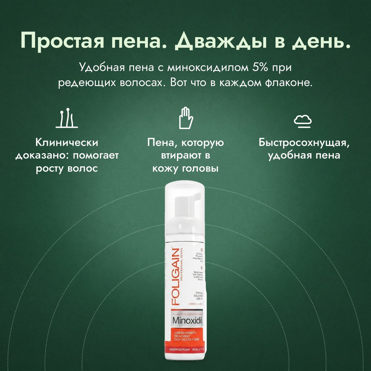 Foligain, пена миноксидил 5% для мужчин: Простая пена. Дважды в день. Клинически доказано: помогает росту волос, Пена, которую втирают в кожу головы, Быстросохнущая, удобная пена