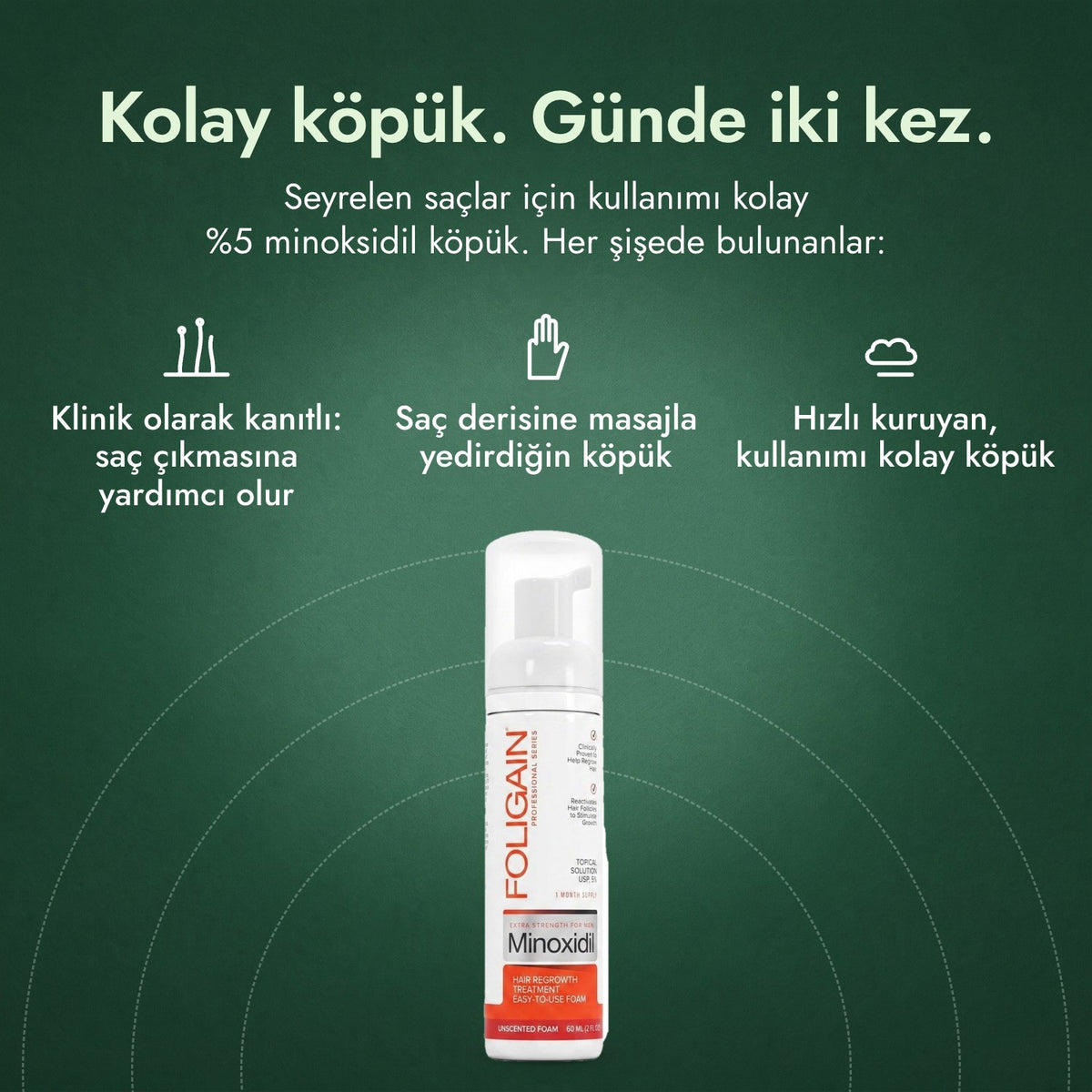 Erkekler için Foligain %5 Minoksidil Köpük: Kolay köpük. Günde iki kez. Klinik olarak kanıtlı: saç çıkmasına yardımcı olur, Saç derisine masajla yedirdiğin köpük, Hızlı kuruyan, kullanımı kolay köpük