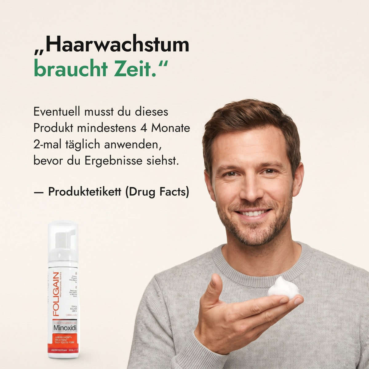 Haarwachstum braucht Zeit. — Produktetikett (Drug Facts)