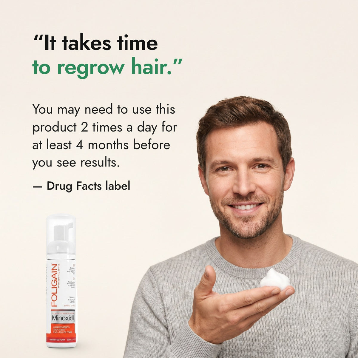 It takes time to regrow hair. — Drug Facts label