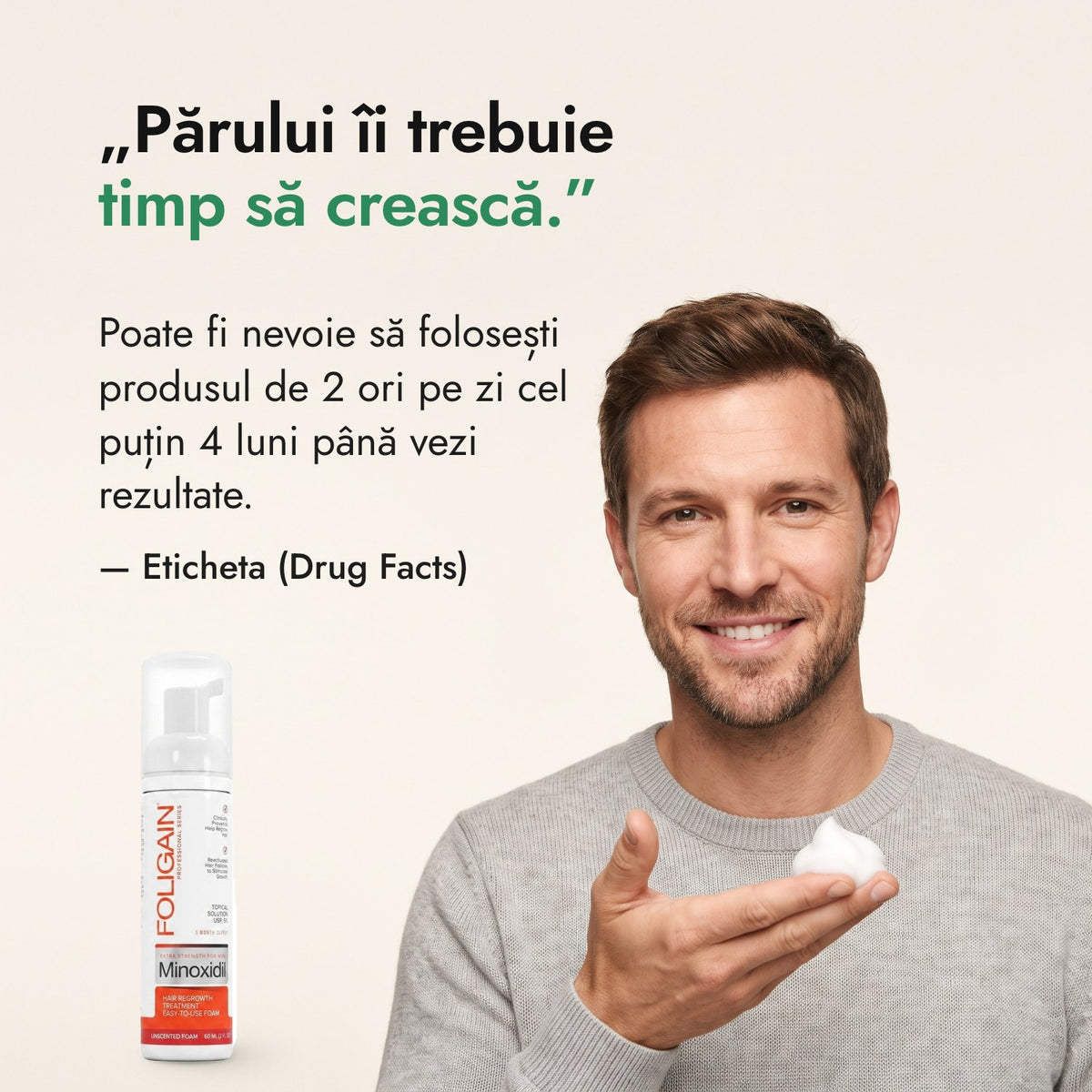 Părului îi trebuie timp să crească. — Eticheta (Drug Facts)