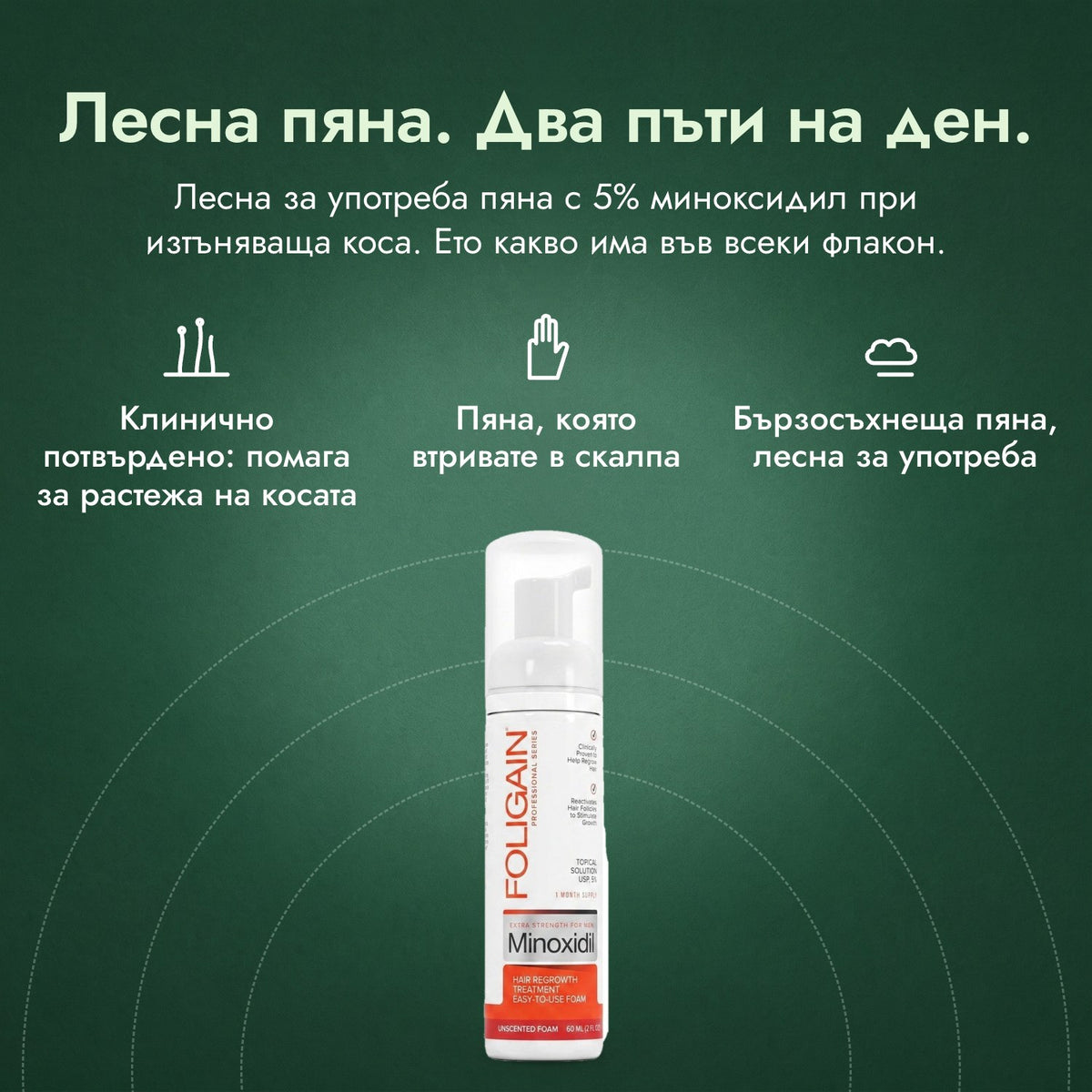 Foligain пяна с миноксидил 5% за мъже: Лесна пяна. Два пъти на ден. Клинично потвърдено: помага за растежа на косата, Пяна, която втривате в скалпа, Бързосъхнеща пяна, лесна за употреба