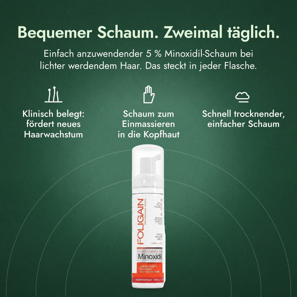 Foligain Minoxidil 5 % Schaum für Männer: Bequemer Schaum. Zweimal täglich. Klinisch belegt: fördert neues Haarwachstum, Schaum zum Einmassieren in die Kopfhaut, Schnell trocknender, einfacher Schaum