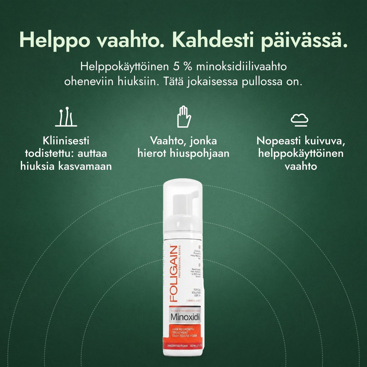 Foligain minoksidiili 5 % vaahto miehille: Helppo vaahto. Kahdesti päivässä. Kliinisesti todistettu: auttaa hiuksia kasvamaan, Vaahto, jonka hierot hiuspohjaan, Nopeasti kuivuva, helppokäyttöinen vaahto