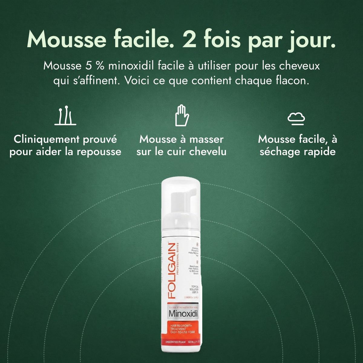 Foligain Minoxidil 5 % mousse pour hommes: Mousse facile. 2 fois par jour. Cliniquement prouvé pour aider la repousse, Mousse à masser sur le cuir chevelu, Mousse facile, à séchage rapide