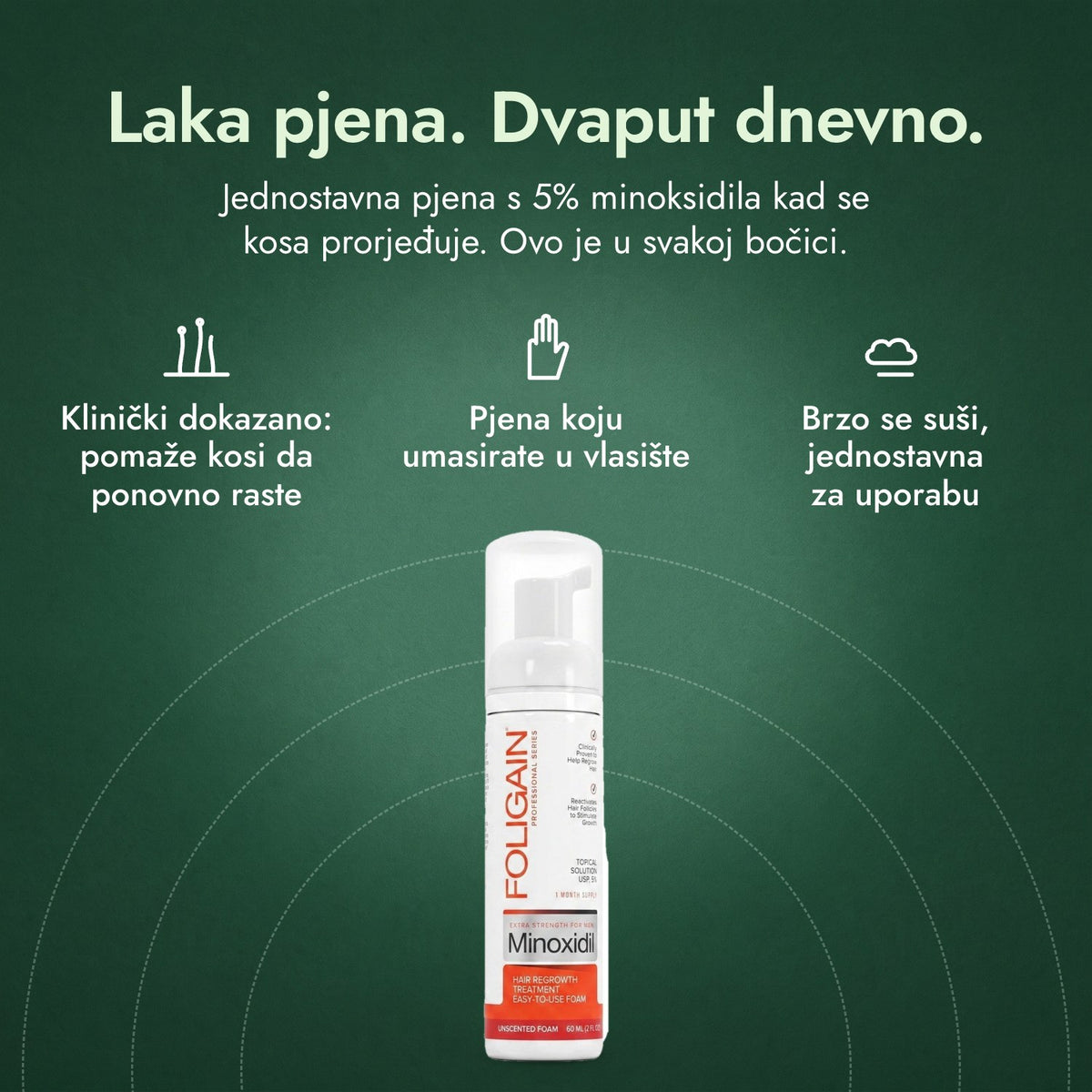 Foligain Minoxidil 5% pjena za muškarce: Laka pjena. Dvaput dnevno. Klinički dokazano: pomaže kosi da ponovno raste, Pjena koju umasirate u vlasište, Brzo se suši, jednostavna za uporabu
