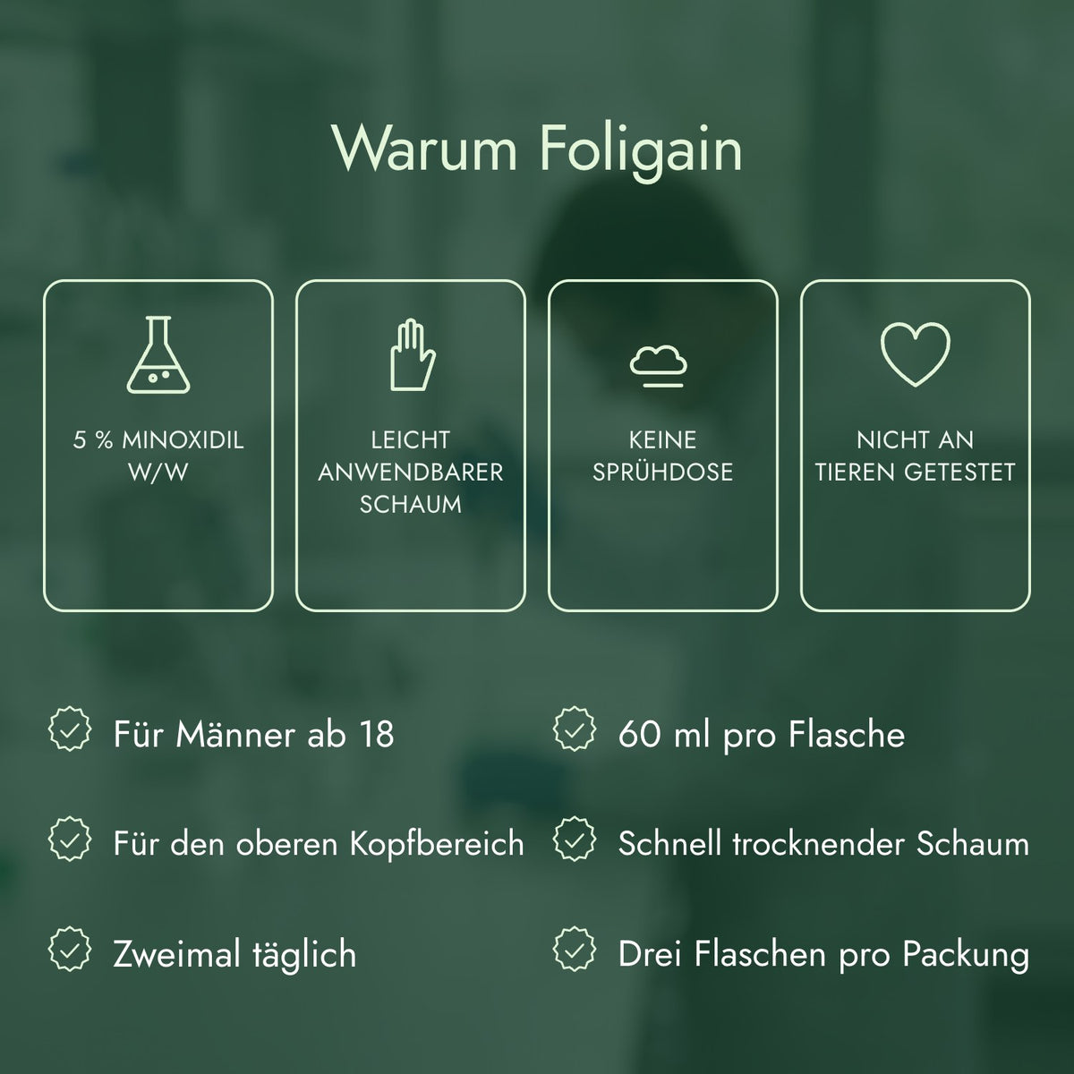 Warum Foligain: 5 % Minoxidil w/w, Leicht anwendbarer Schaum, Keine Sprühdose, Nicht an Tieren getestet