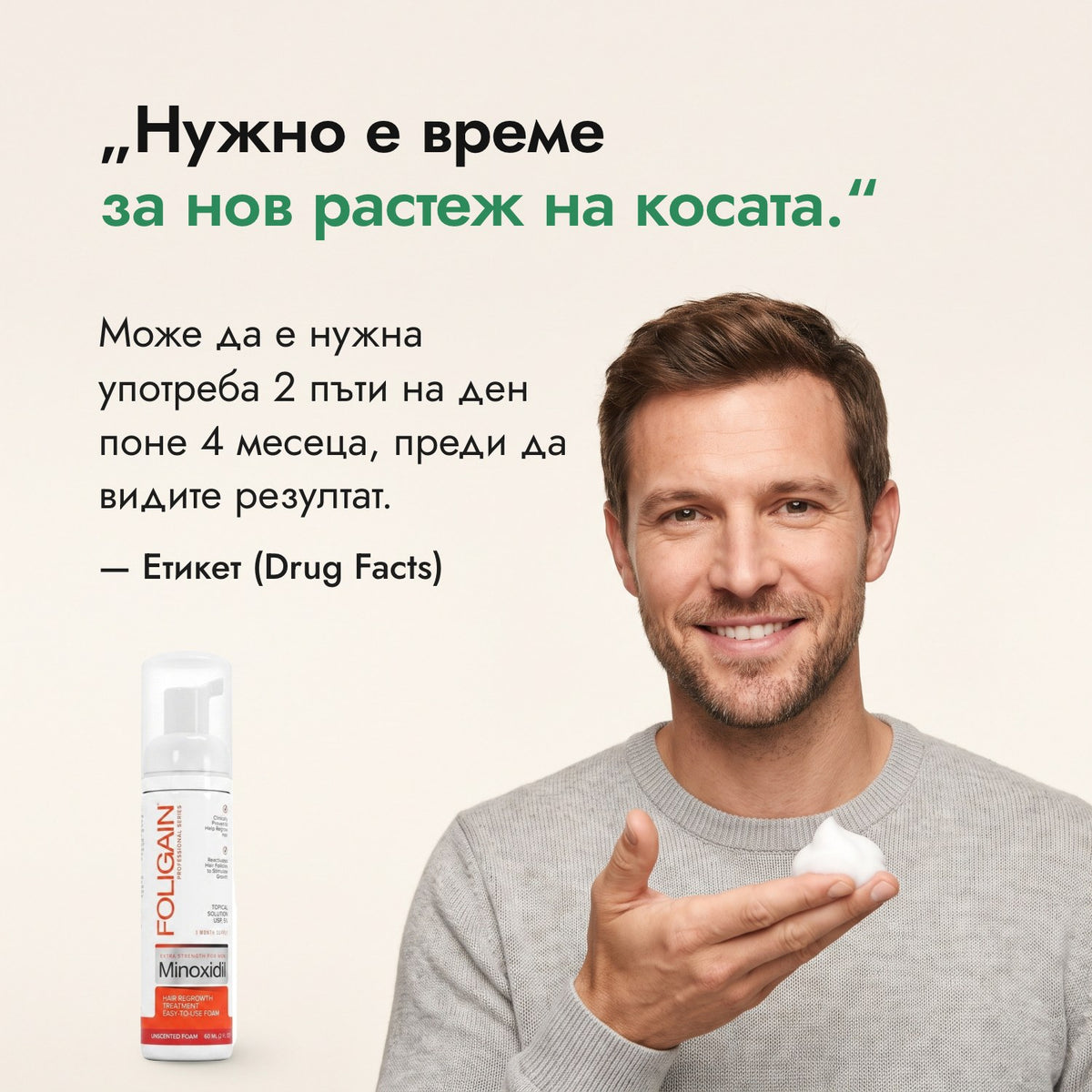Нужно е време за нов растеж на косата. — Етикет (Drug Facts)